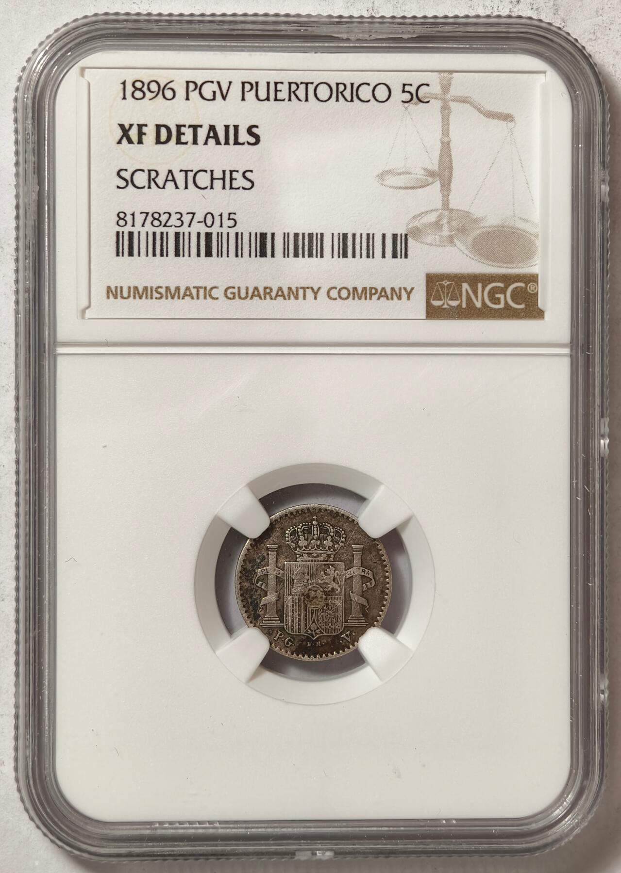 紫瑗钱币——第424期 西属波多黎各 1896年 5分 银币 NGC XF Detail
