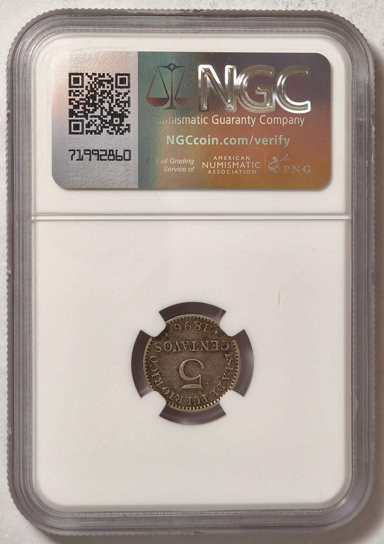紫瑗钱币——第424期 西属波多黎各 1896年 5分 银币 NGC XF Detail