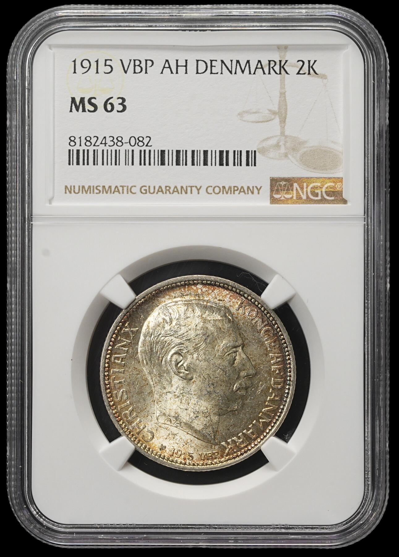 修遠堂世界钱币第三十八期 全场包邮 NGC MS63 1915年丹麦海豚2克朗银币