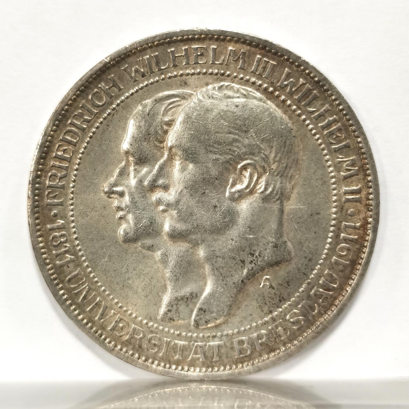 博洋堂“长夏未央”8月精品专场暨第089期（全场包邮） 德国1911年布雷斯劳大学三马克银币，少见品种，近unc状态，鹰面转光不错，整体细节极好