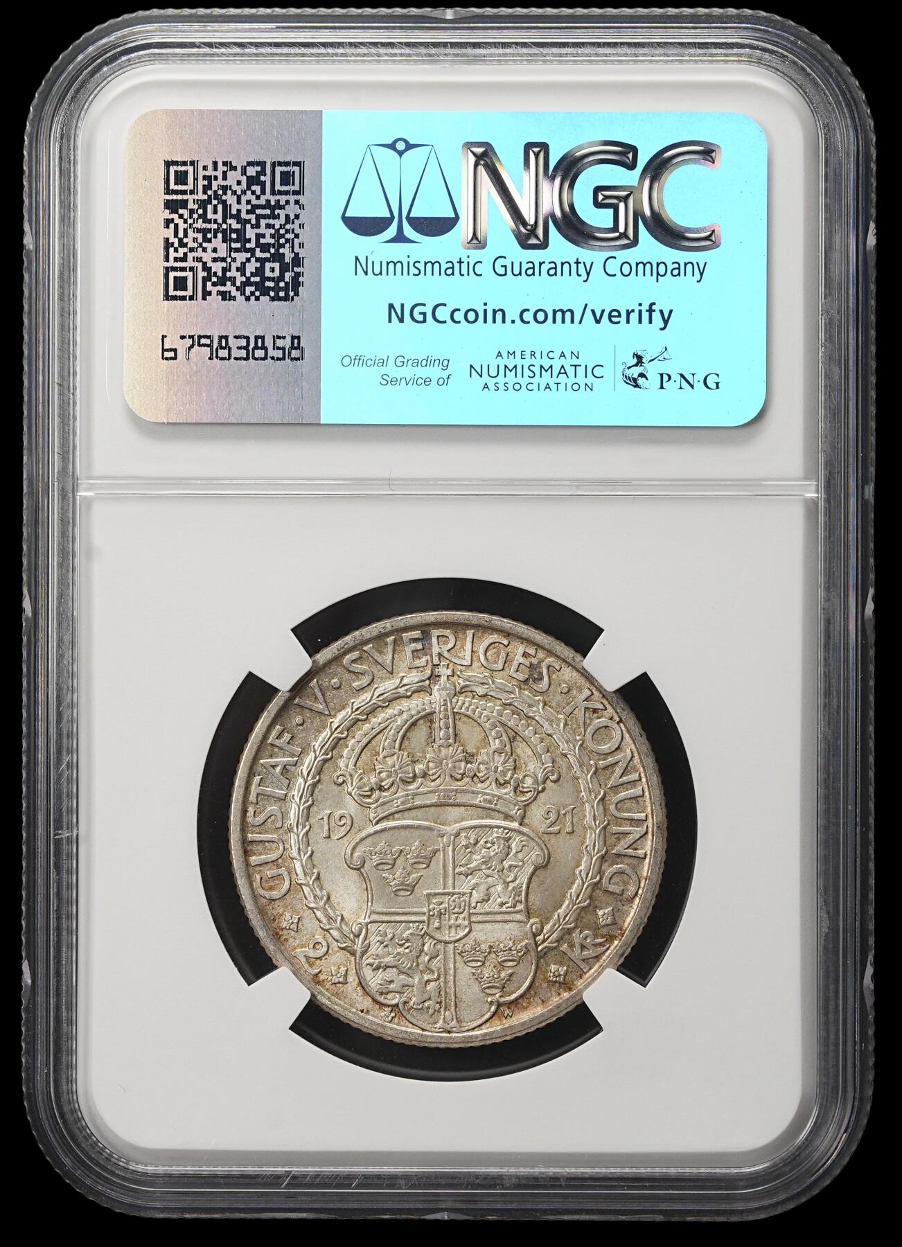修遠堂世界钱币第三十八期 全场包邮 NGC MS66 1921年瑞典政治自由400周年2克朗银币 高分纸袋包浆