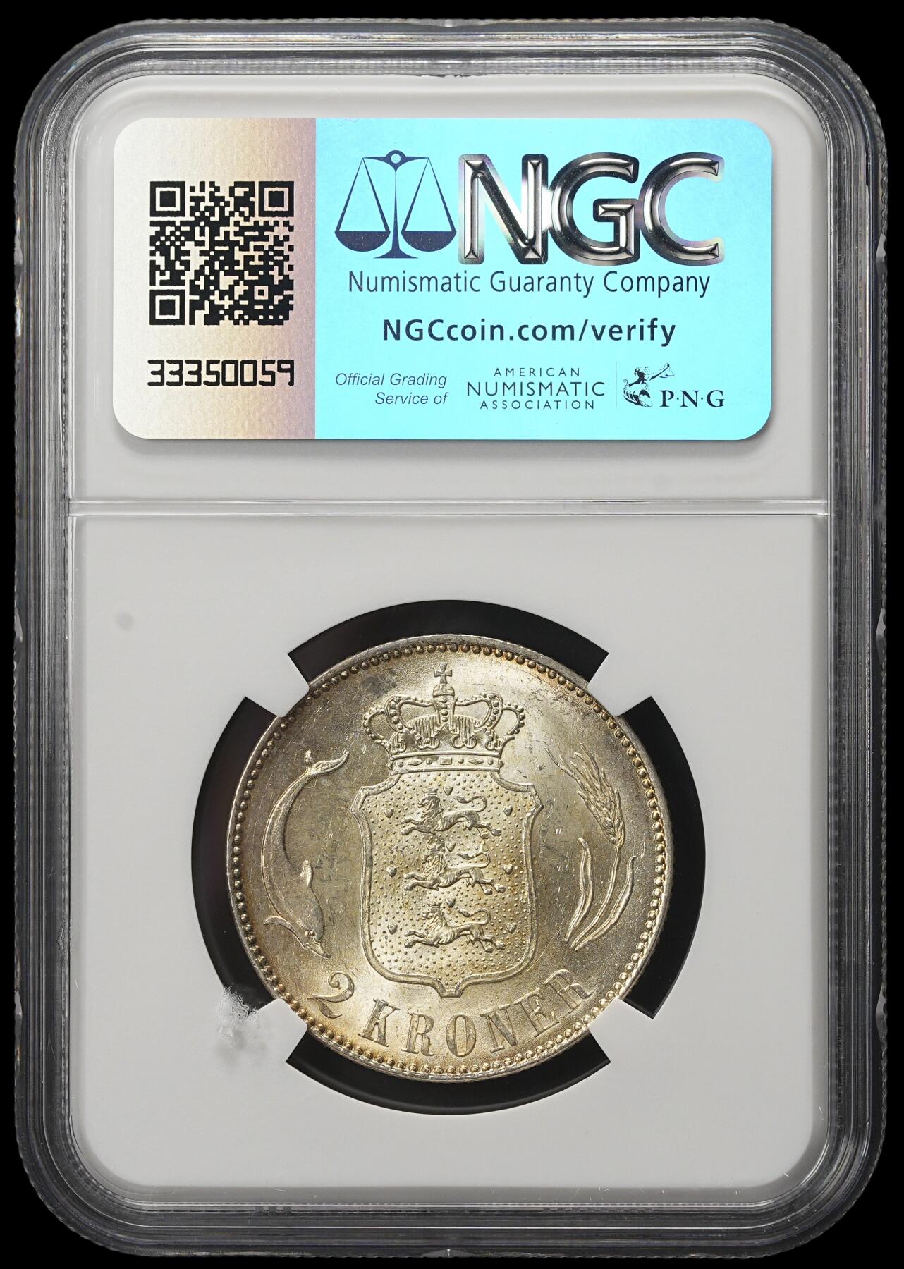 修遠堂世界钱币第三十八期 全场包邮 NGC MS63 1915年丹麦海豚2克朗银币