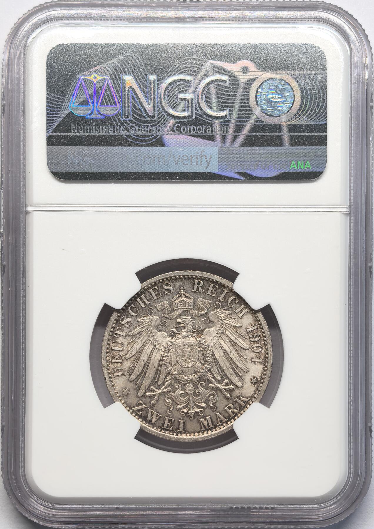 凡希社世界钱币微拍第二百八十三期 1904德国黑森达姆斯特2马克NGC-MS65