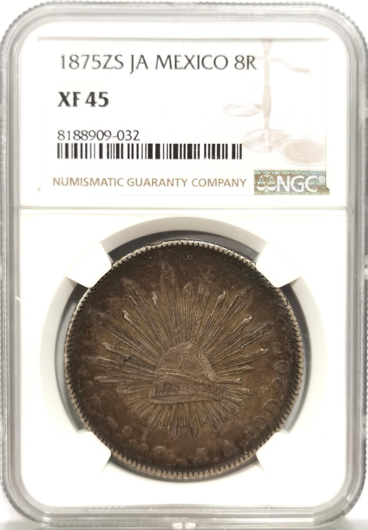 博洋堂“长夏未央”8月精品专场暨第089期（全场包邮） NGC XF45 墨西哥花边鹰洋ZS 1875 JA 8里亚尔 酱彩包浆 XF45无敌分数 原味难得
