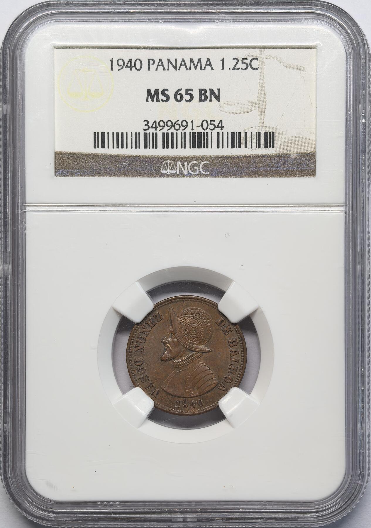 凡希社世界钱币微拍第二百八十三期 1940巴拿马1.25分铜币NGC-MS65，稀见面值，高分！