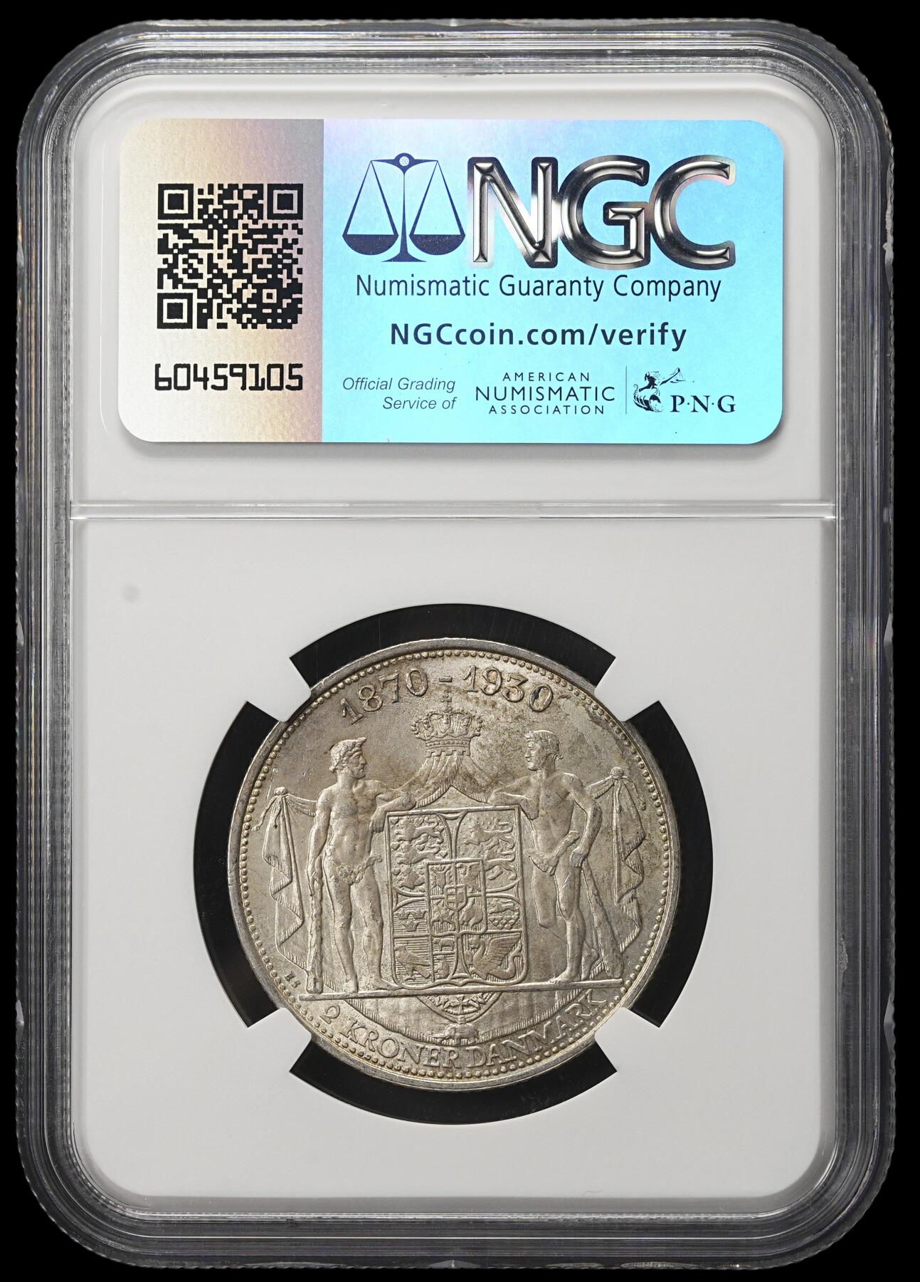 修遠堂世界钱币第三十八期 全场包邮 NGC MS64 1930年丹麦国王60大寿纪念2克朗银币 纸袋灰彩