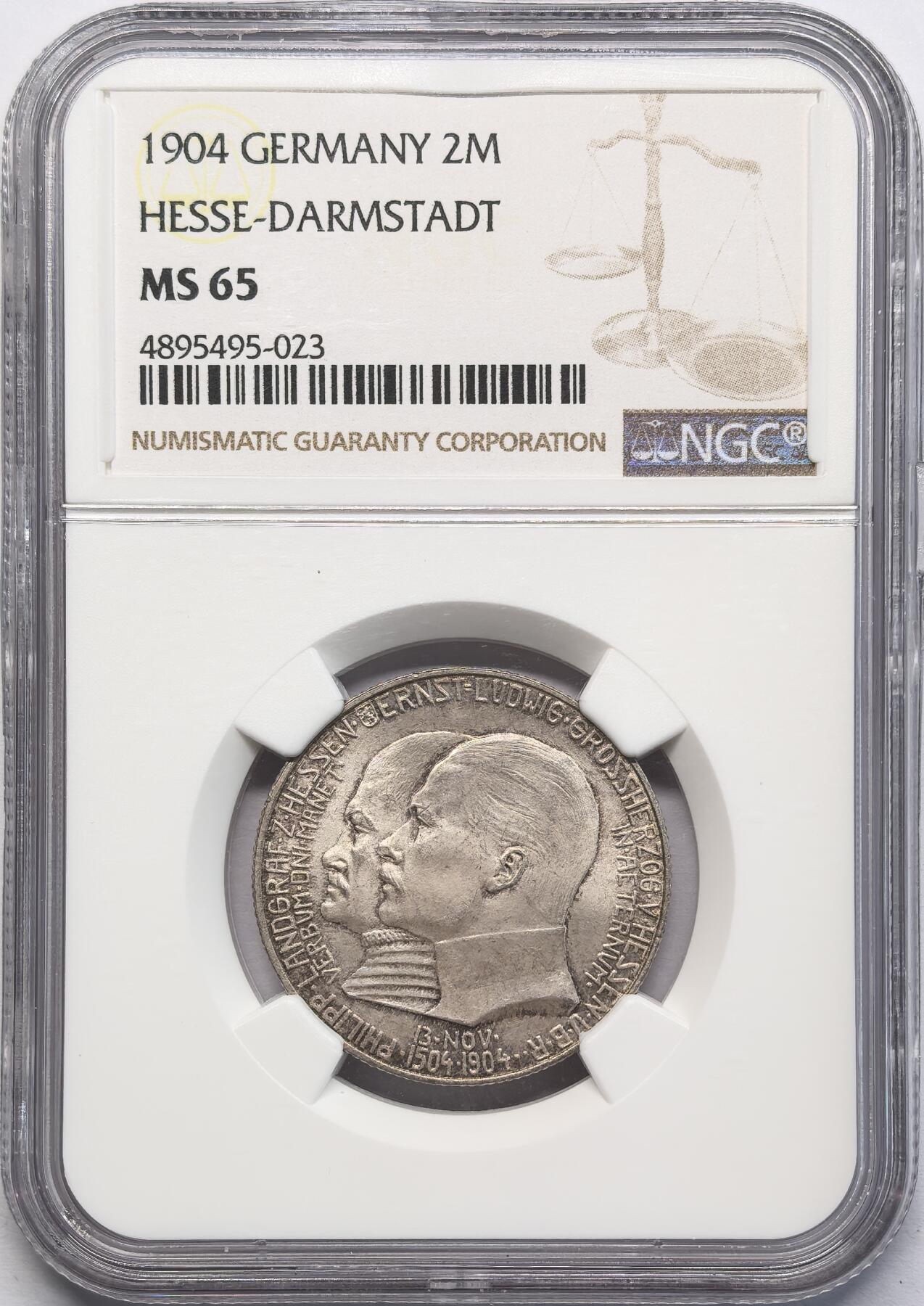 凡希社世界钱币微拍第二百八十三期 1904德国黑森达姆斯特2马克NGC-MS65