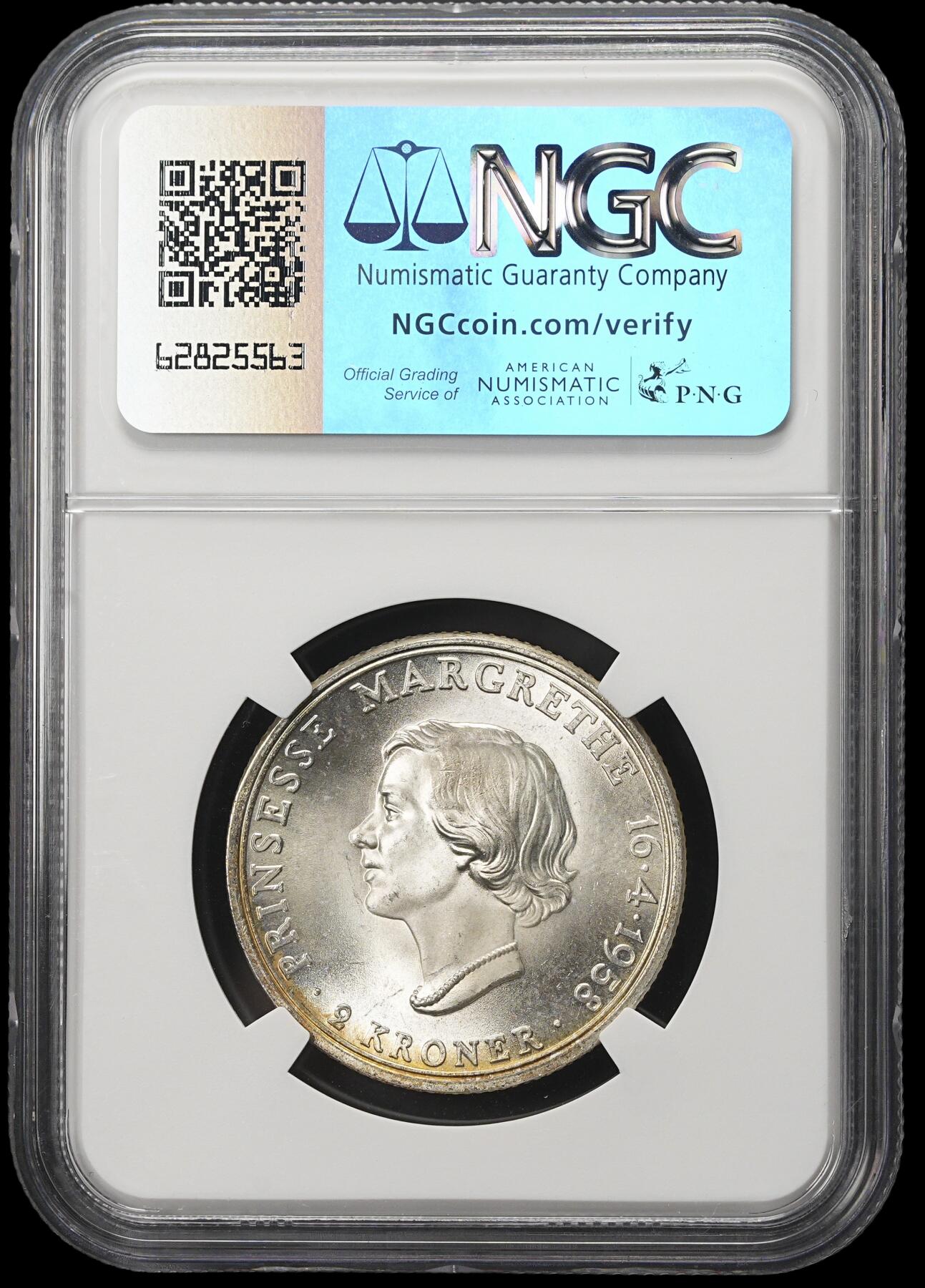 修遠堂世界钱币第三十八期 全场包邮 NGC MS65 1958年丹麦玛格丽特公主18周岁纪念2克朗银币