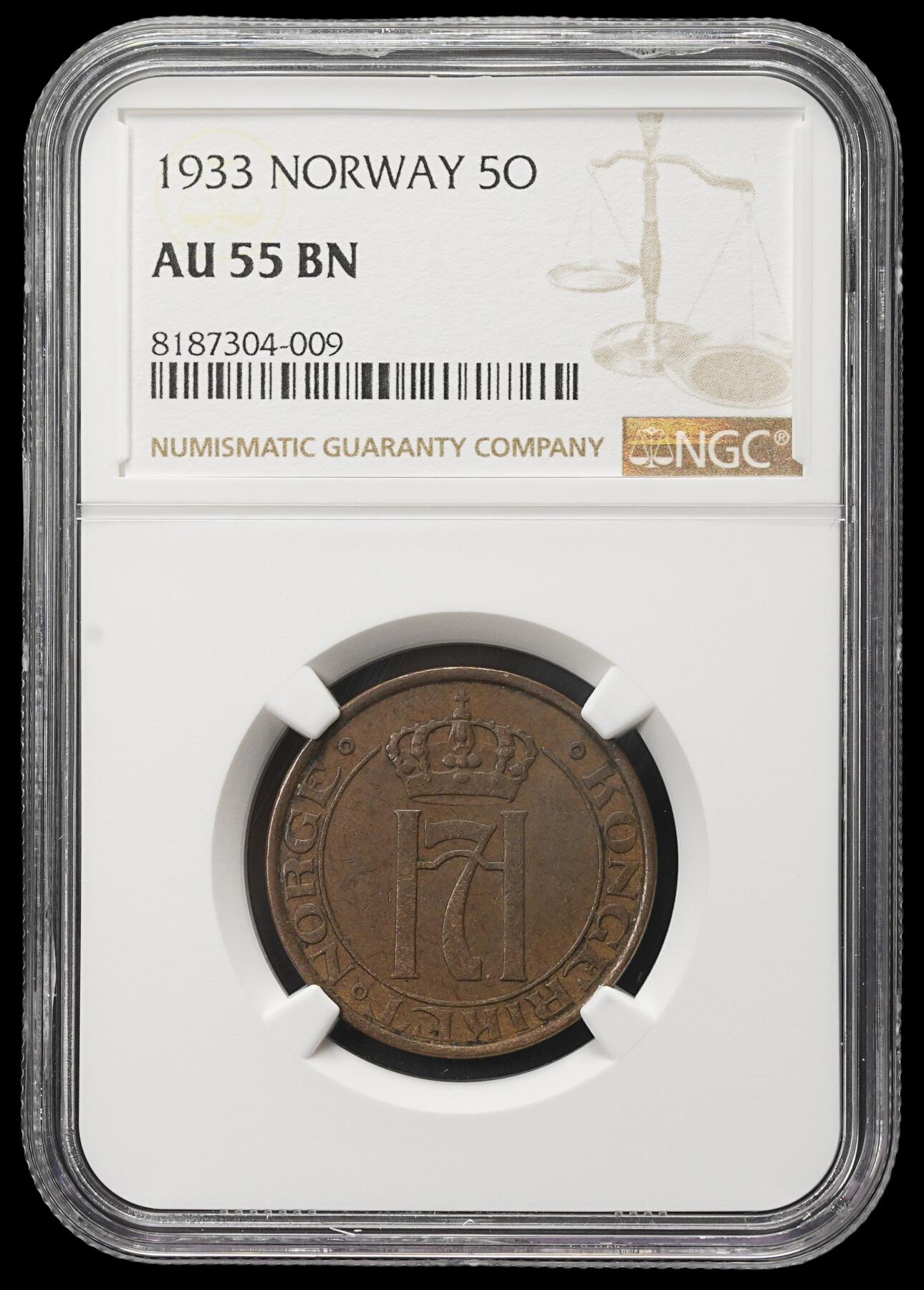修遠堂世界钱币第三十八期 全场包邮 少见年份特年 NGC AU55BN 1933年挪威5欧尔铜币 仅30万枚