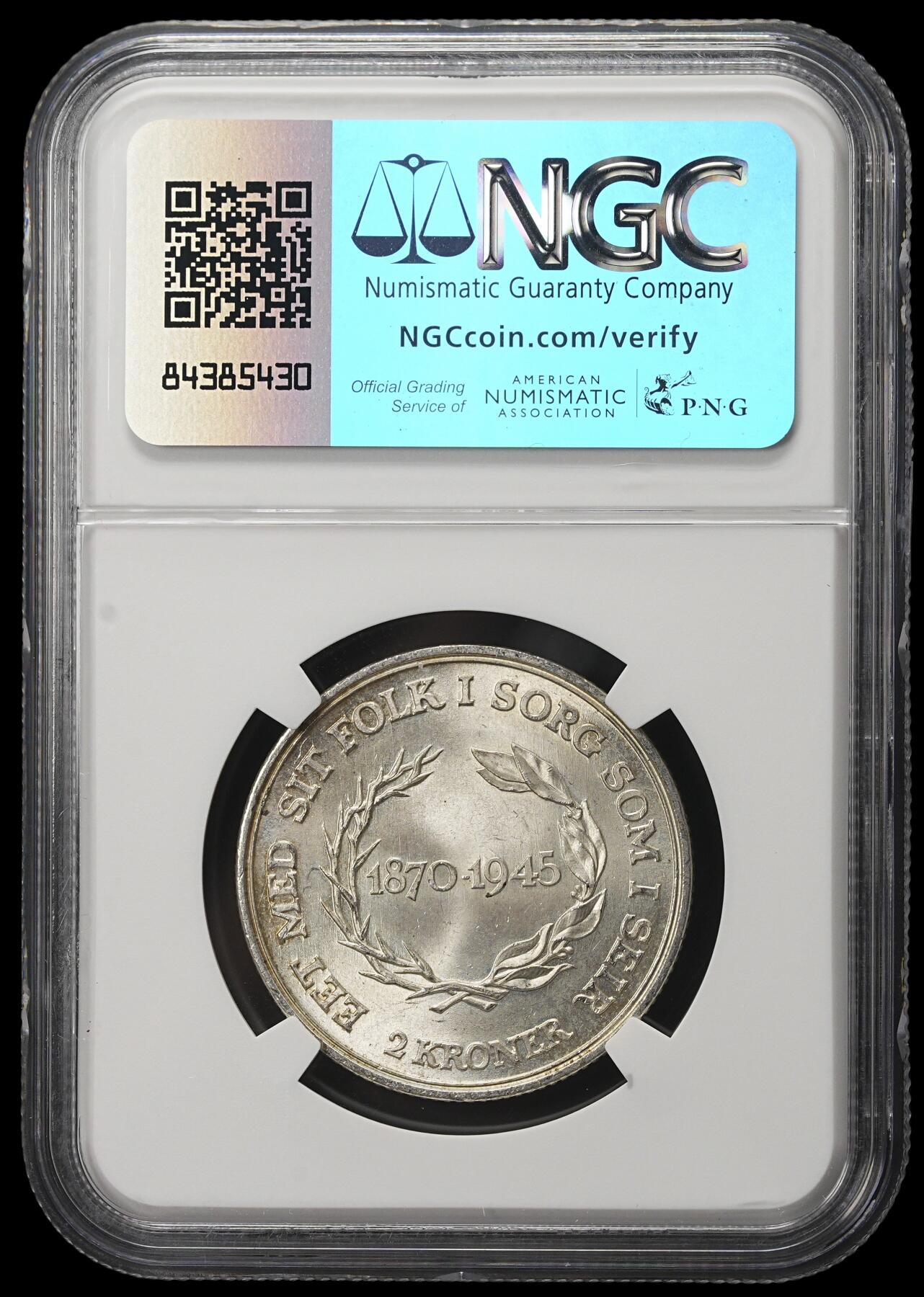修遠堂世界钱币第三十八期 全场包邮 NGC MS65 1945年丹麦国王75岁大寿纪念2克朗银币