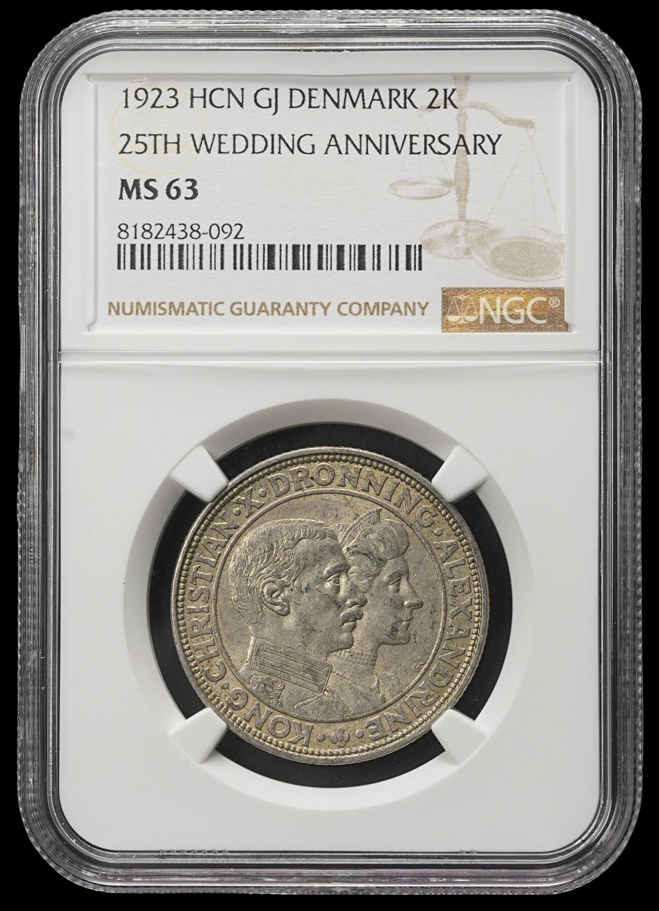 修遠堂世界钱币第三十八期 全场包邮 NGC MS63 1923年丹麦国王银婚纪念2克朗银币