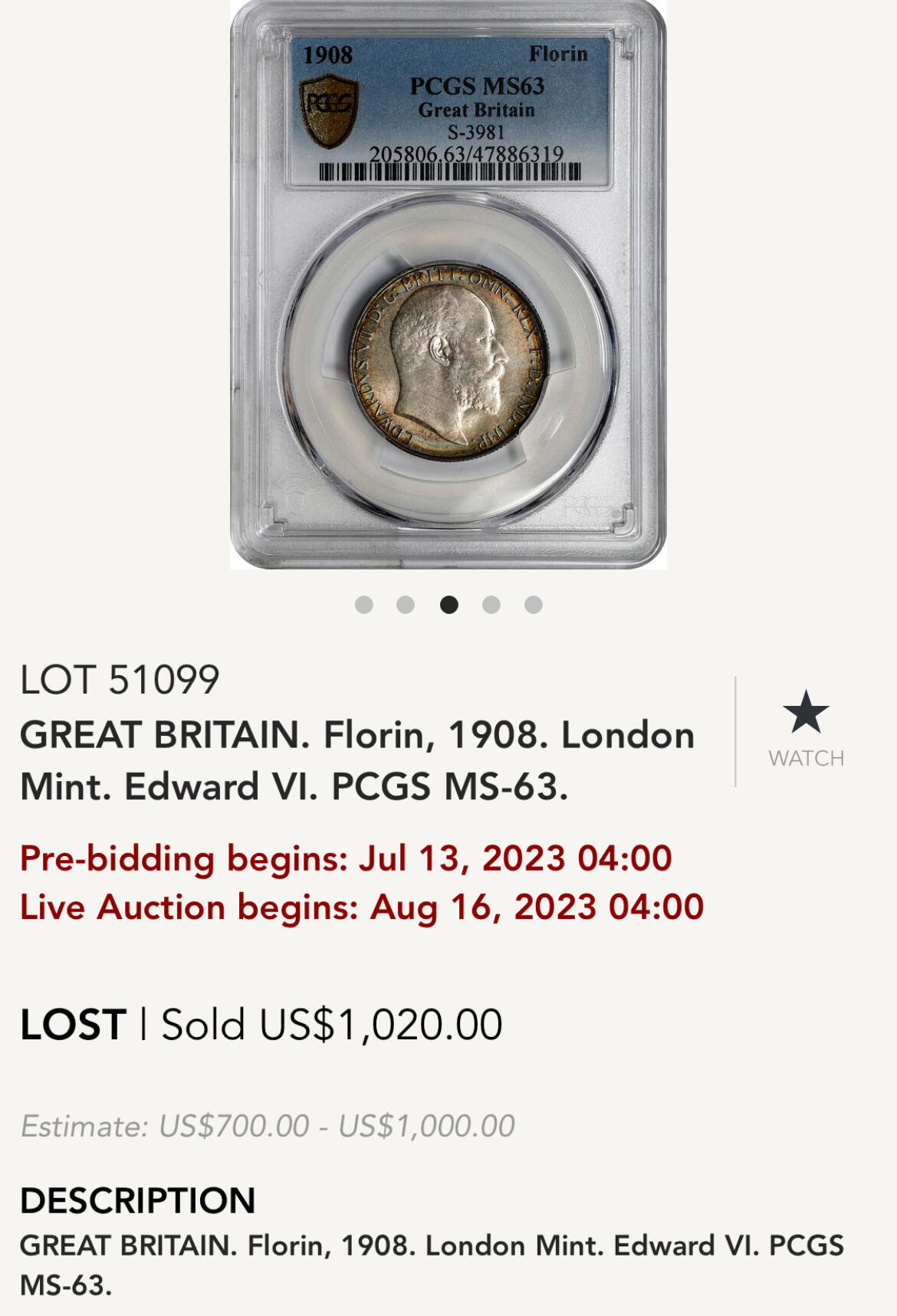 博洋堂“长夏未央”8月精品专场暨第089期（全场包邮） NGC AU55 英国1908年海神弗洛林，特年难得，低评