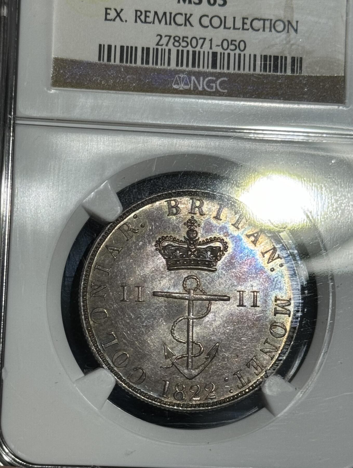 1822/1年骑字英属西印度1/2D半圆锚币 NGC MS63
