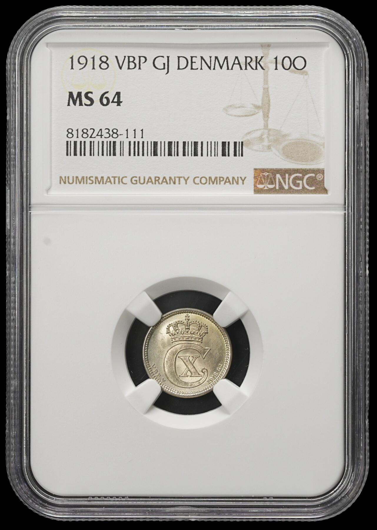 修遠堂世界钱币第三十八期 全场包邮 NGC MS64 1918年丹麦10欧尔银币