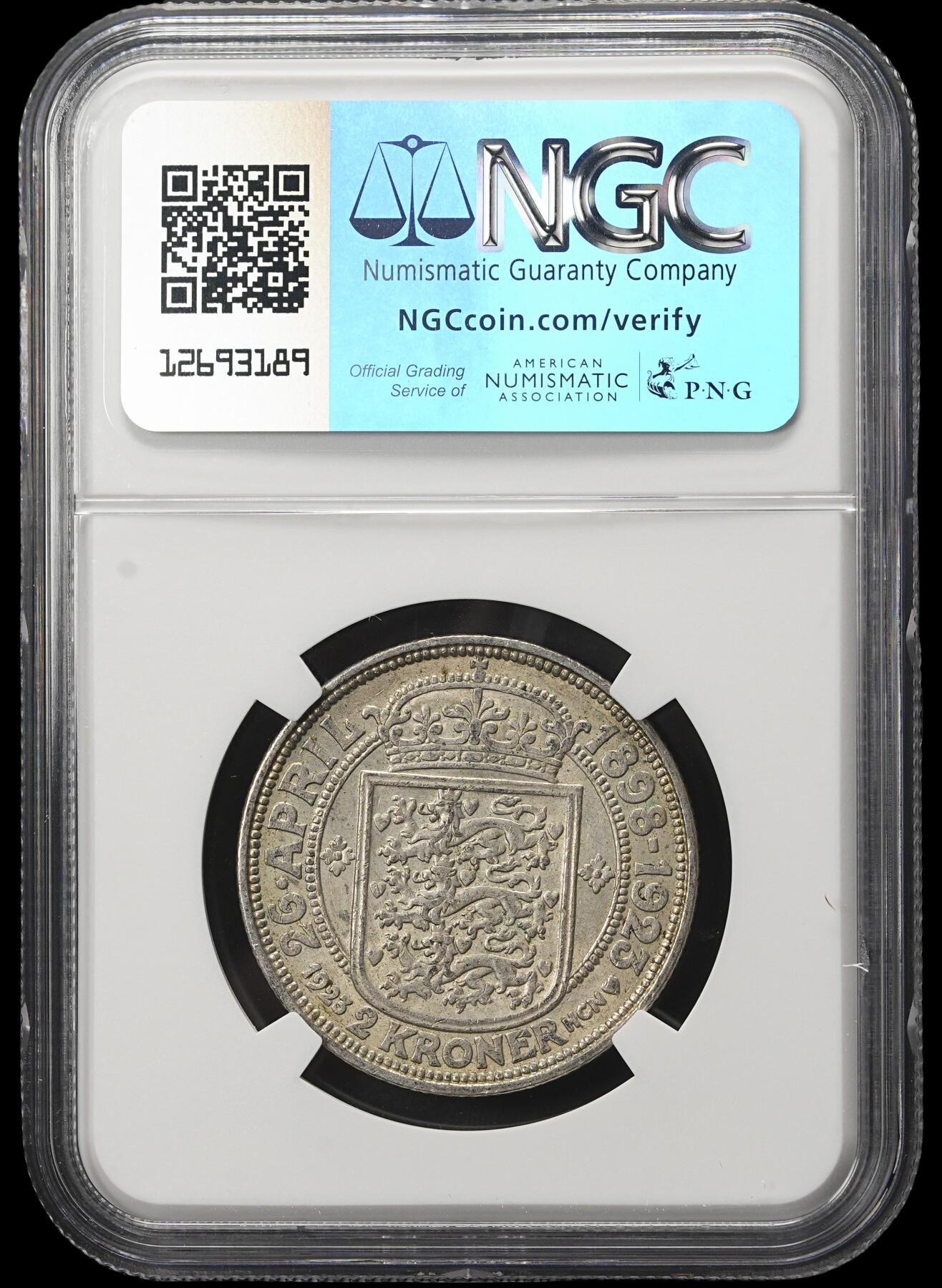 修遠堂世界钱币第三十八期 全场包邮 NGC MS63 1923年丹麦国王银婚纪念2克朗银币