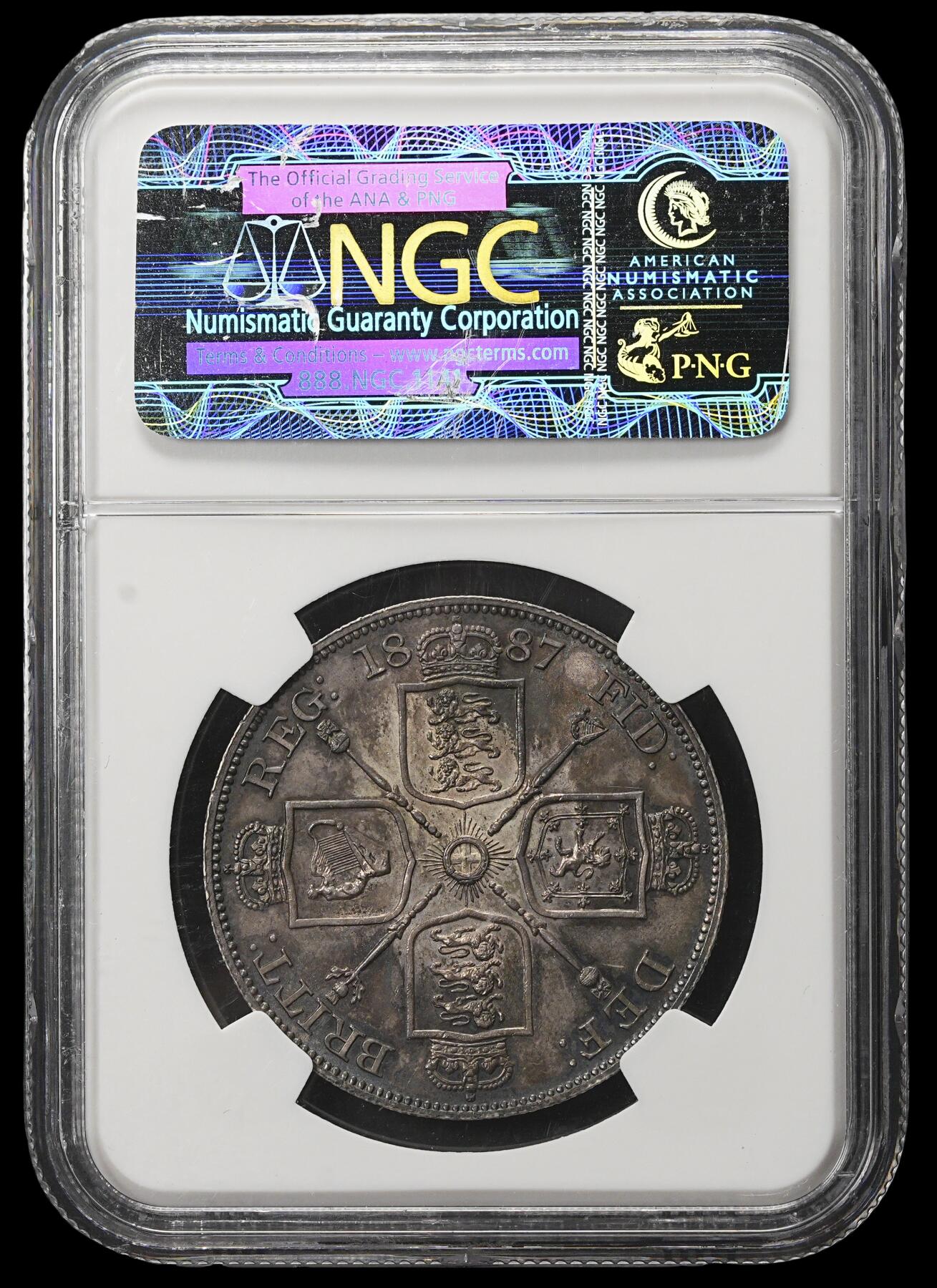 修遠堂世界钱币第三十八期 全场包邮 纸袋五彩 NGC MS63 1887年英国4先令大银币 盒子边有磕 介意者请勿出价