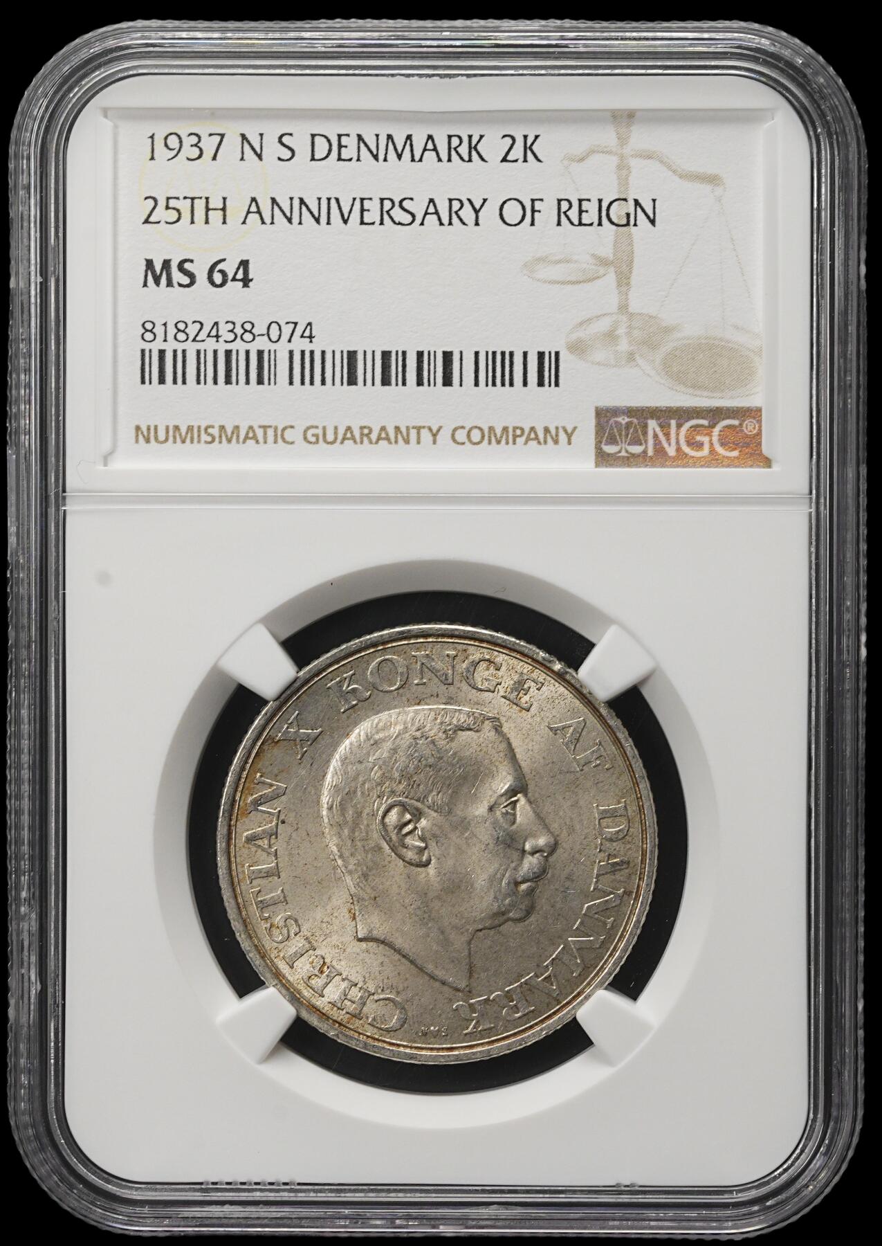 修遠堂世界钱币第三十八期 全场包邮 NGC MS64 1937年丹麦国王登基25周年纪念2克朗银币