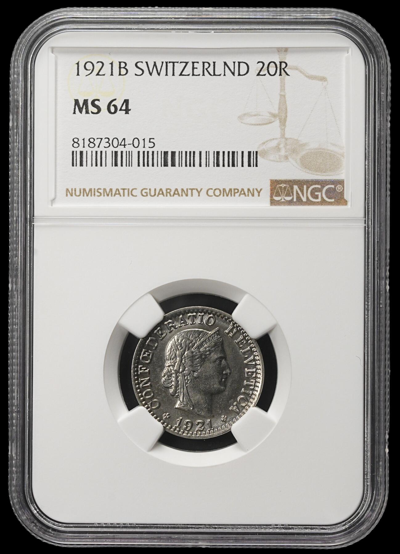 修遠堂世界钱币第三十八期 全场包邮 NGC MS64 1921年瑞士20 RAPPEN