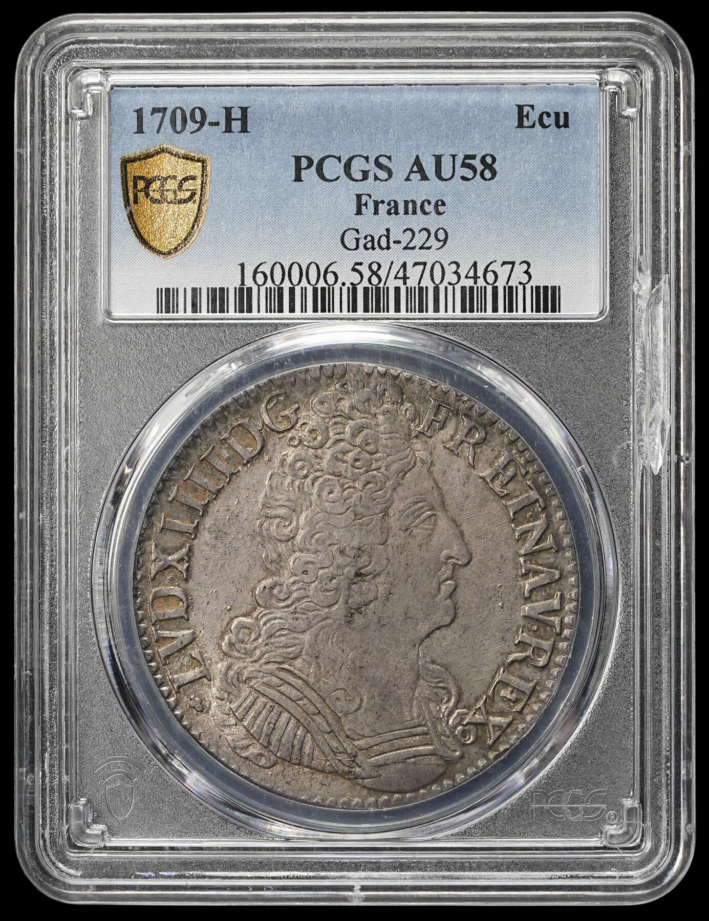 修遠堂世界钱币第三十八期 全场包邮 唯一冠军分 PCGS AU58 1709年法国1埃居大银币H厂铭 纸袋五彩 2023年SBP-VF35分成交价384美元 盒子有磕且轻微磨花 介意者请勿出价