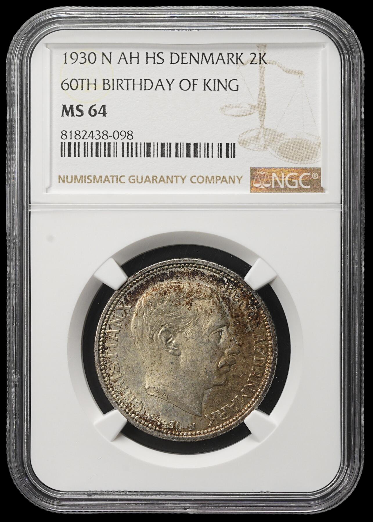 修遠堂世界钱币第三十八期 全场包邮 NGC MS64 1930年丹麦国王60大寿纪念2克朗银币 灰彩加焦糖彩