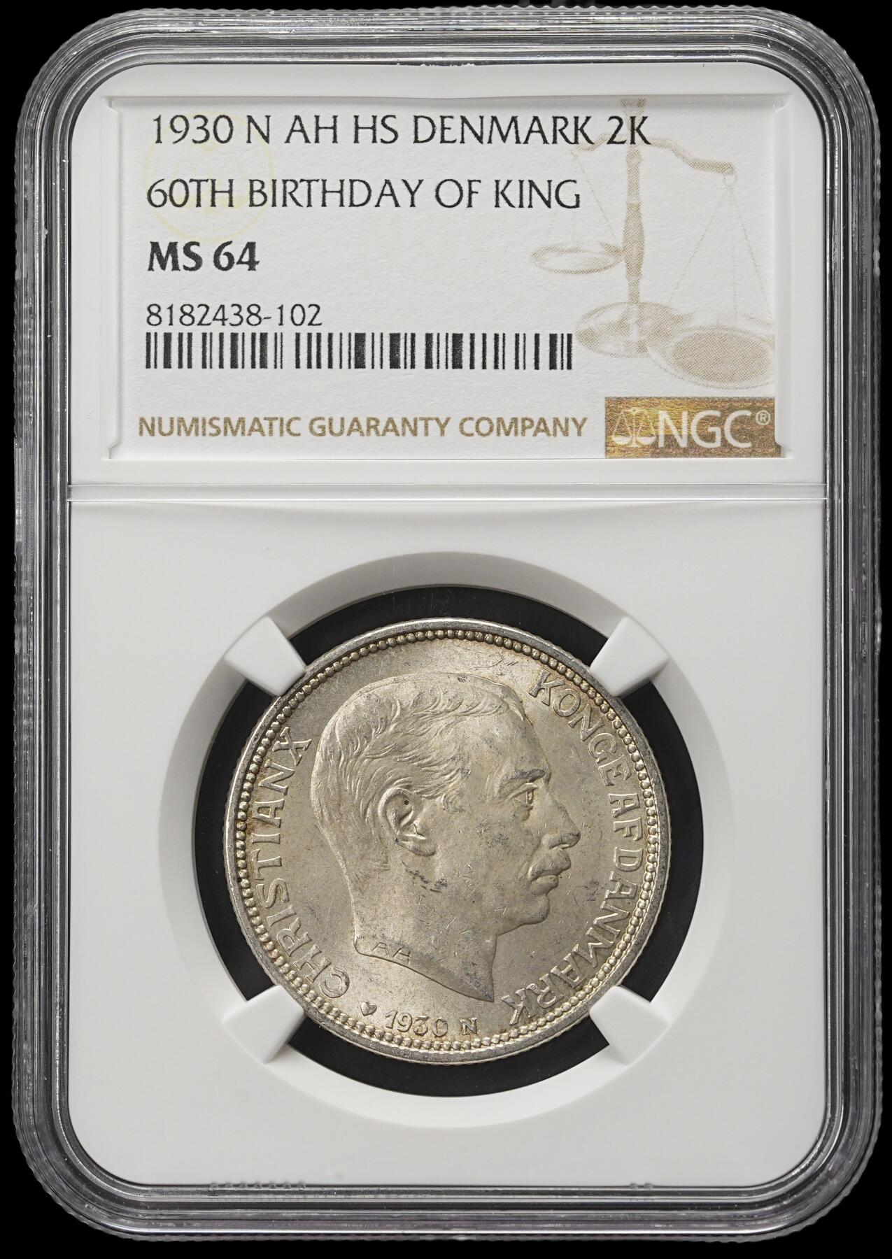 修遠堂世界钱币第三十八期 全场包邮 NGC MS64 1930年丹麦国王60大寿纪念2克朗银币 纸袋灰彩