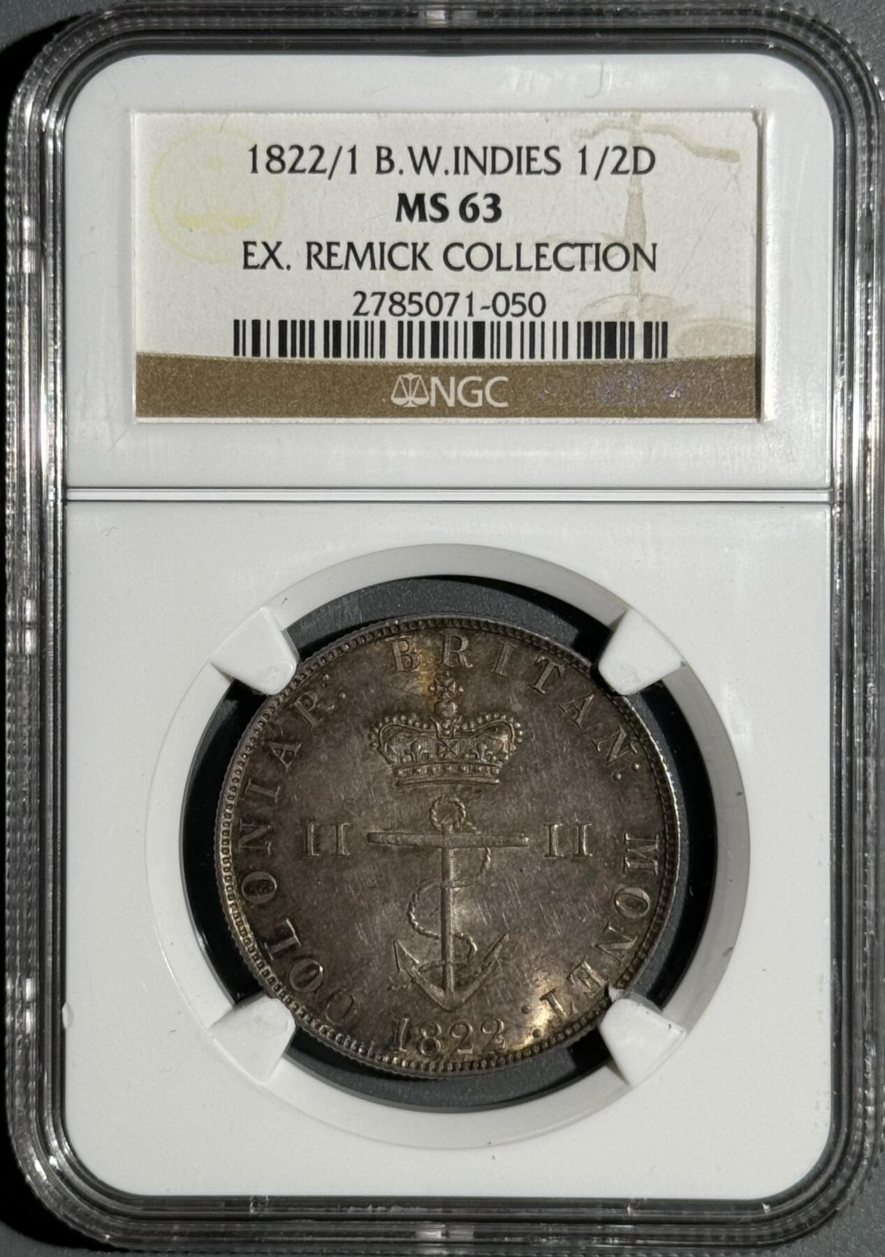 1822/1年骑字英属西印度1/2D半圆锚币 NGC MS63