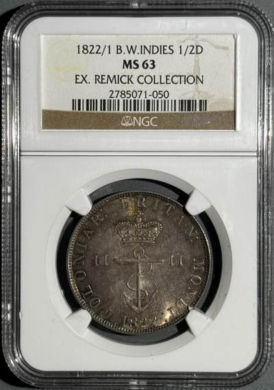 1822/1年骑字英属西印度1/2D半圆锚币 NGC MS63 - 1822/1年骑字英属西印度1/2D半圆锚币 NGC MS63