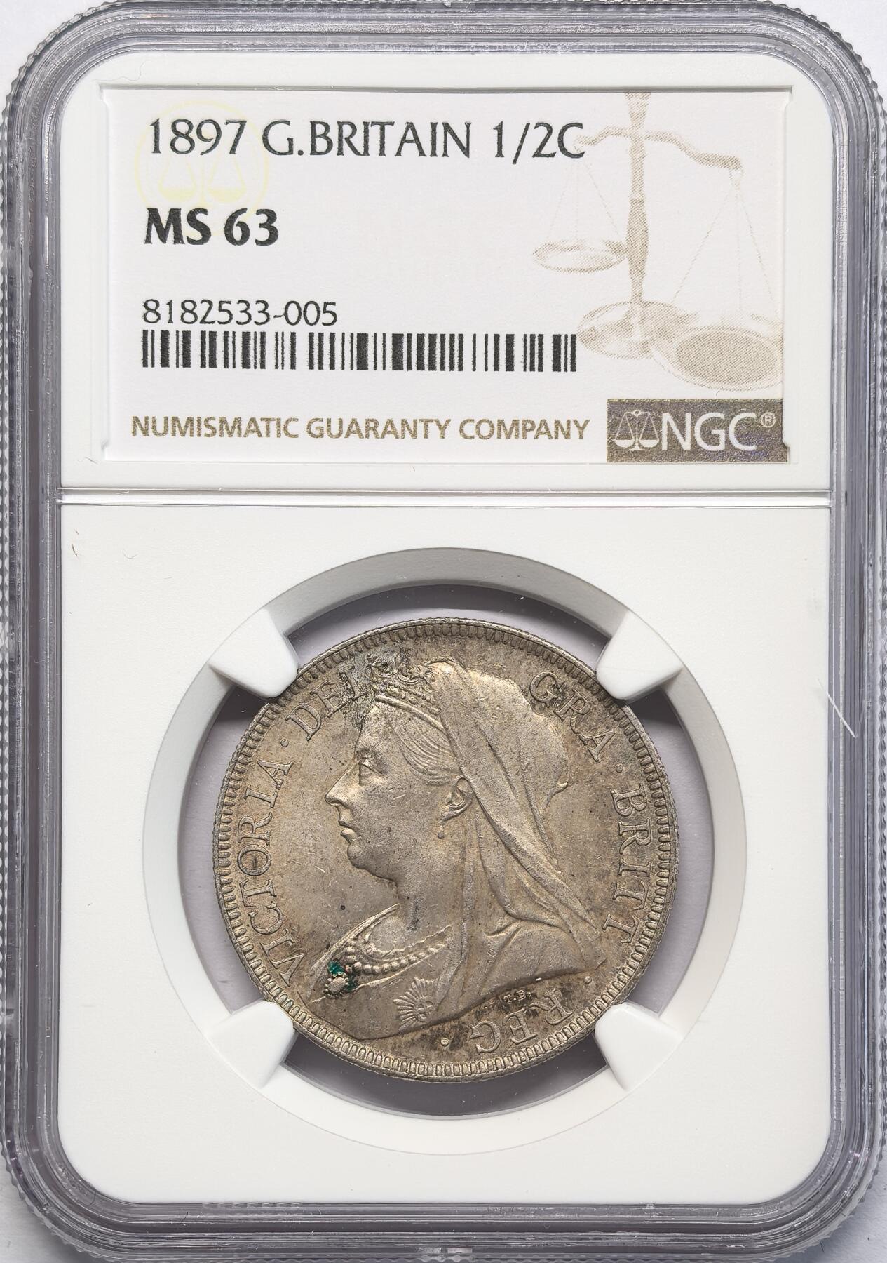 凡希社世界钱币微拍第二百八十三期 1897英国老维批纱1/2克朗NGC-MS63，包浆优美！