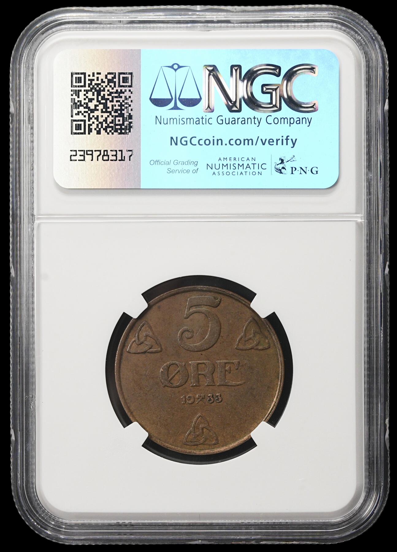 修遠堂世界钱币第三十八期 全场包邮 少见年份特年 NGC AU55BN 1933年挪威5欧尔铜币 仅30万枚