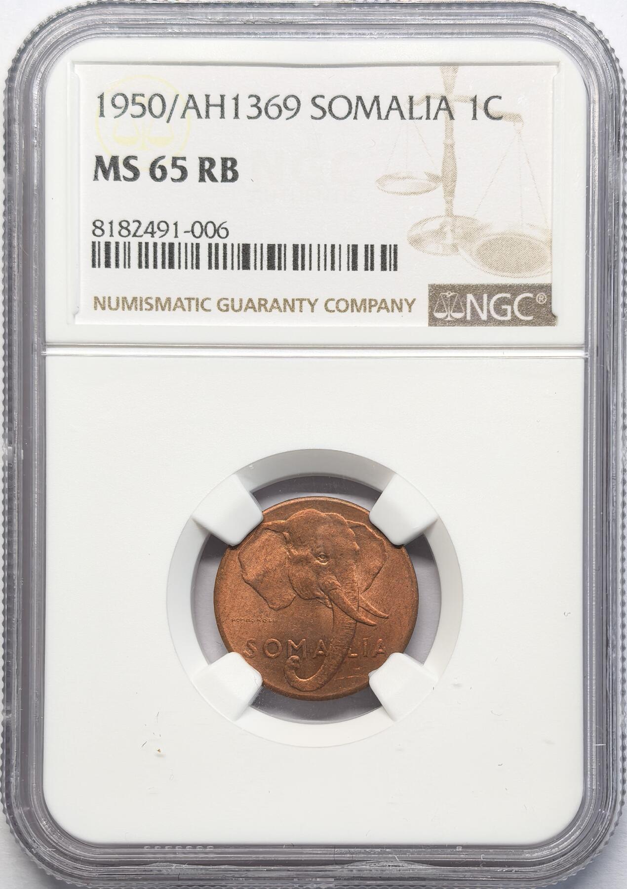 凡希社世界钱币微拍第二百八十三期 1950意托索马里大象1分NGC-MS65