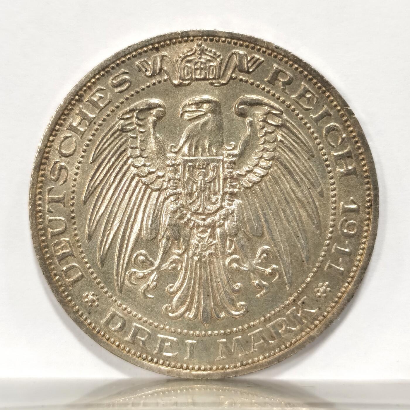 博洋堂“长夏未央”8月精品专场暨第089期（全场包邮） 德国1911年布雷斯劳大学三马克银币，少见品种，近unc状态，鹰面转光不错，整体细节极好