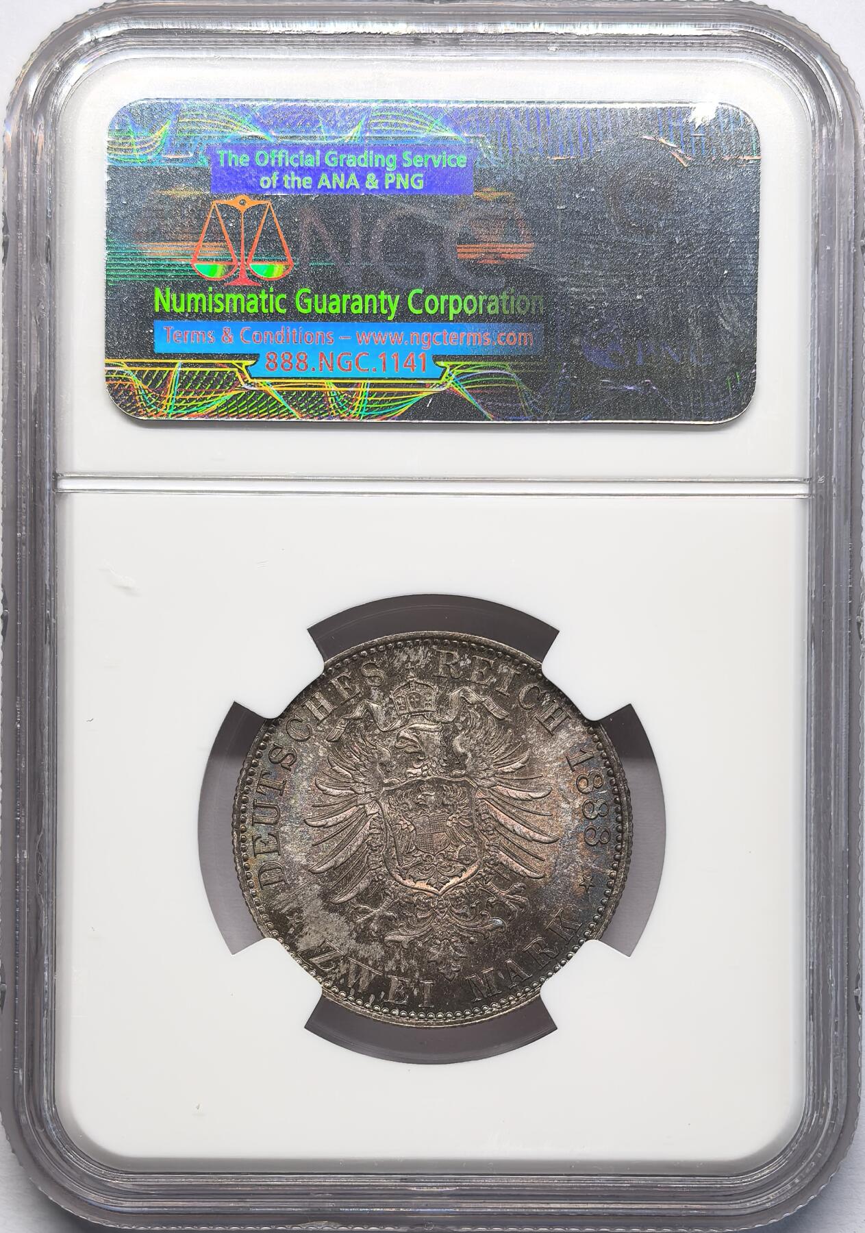 凡希社世界钱币微拍第二百八十三期 1888德国三皇之年2马克短翅鹰NGC-MS66，高分收藏级！