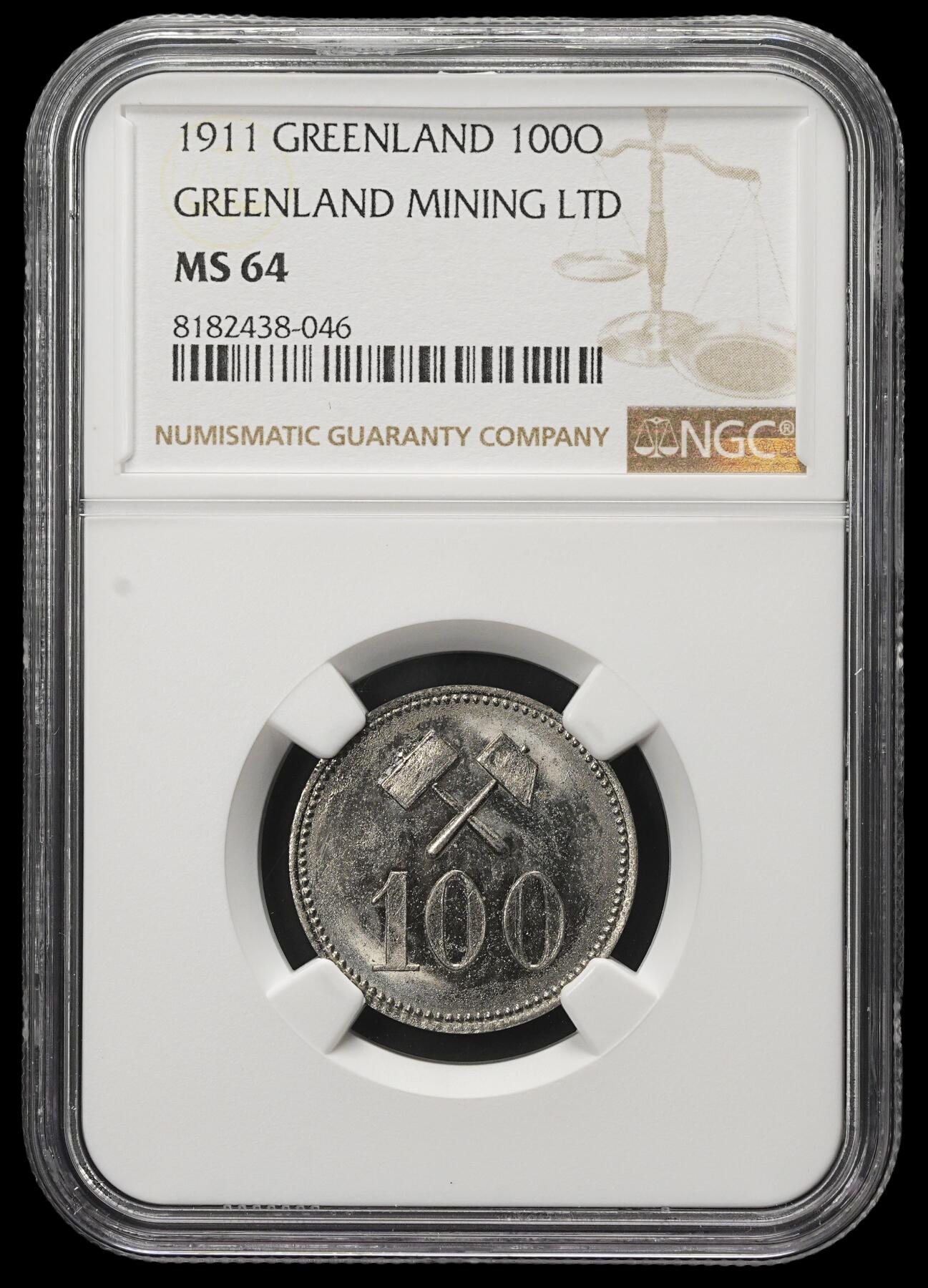 修遠堂世界钱币第三十八期 全场包邮 稀有 NGC MS64 格陵兰矿产公司100欧尔代用币  仅铸造5000枚