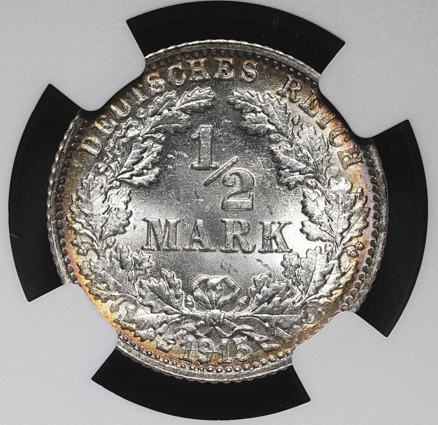 修遠堂世界钱币第三十八期 全场包邮 NGC MS66 1915年德国1/2马克银币 F厂铭 环彩