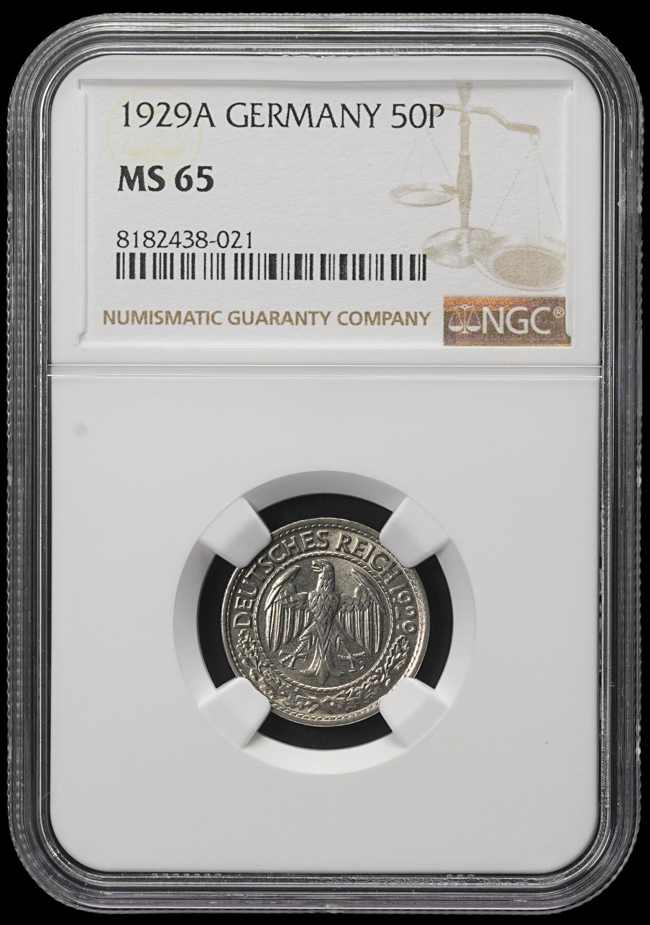 修遠堂世界钱币第三十八期 全场包邮 NGC MS65 1929年德国50芬尼
