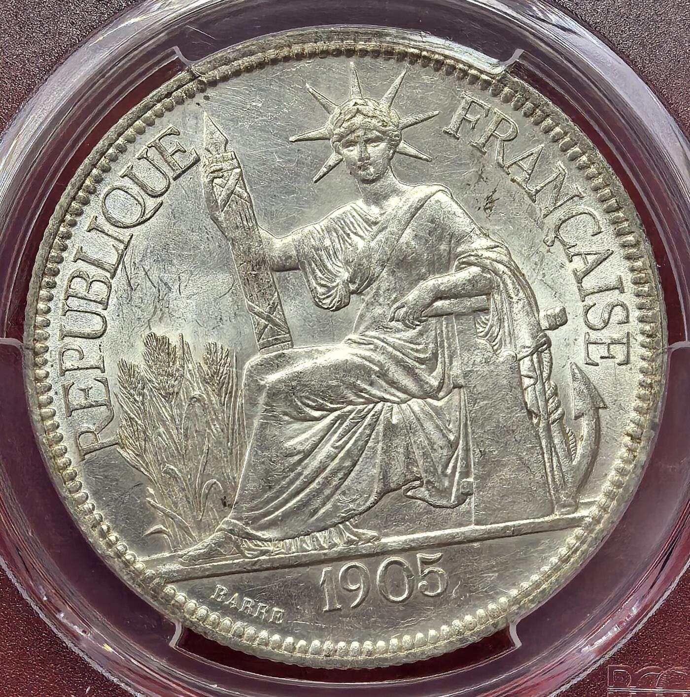 凡希社世界钱币微拍第二百八十三期 荐！1905法属印度支那皮亚斯特大银PCGS-MS63，全脸高鼻难得，淡金彩，光泽迷人。