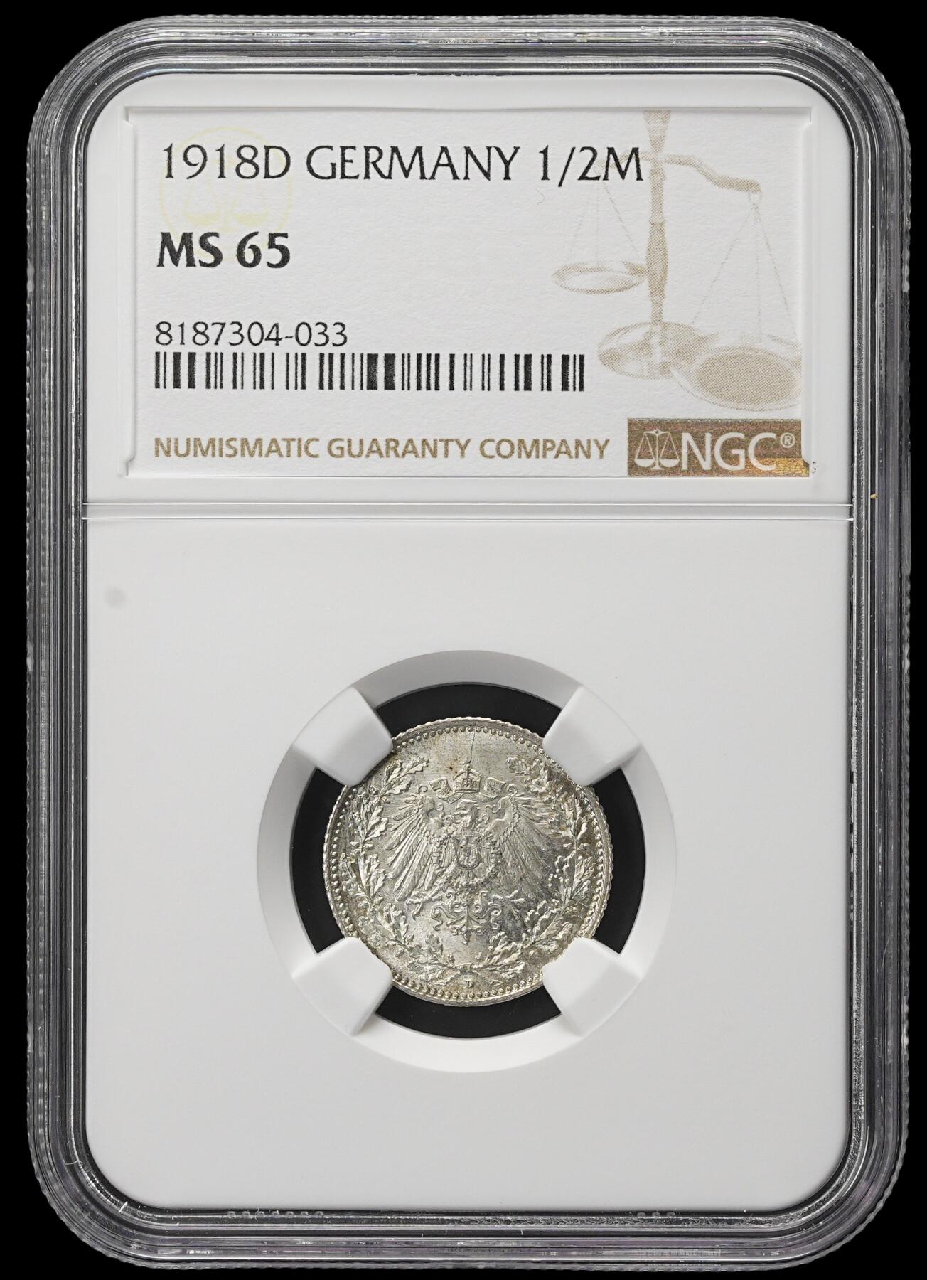 修遠堂世界钱币第三十八期 全场包邮 NGC MS65 1918年德国1/2马克银币 D厂铭