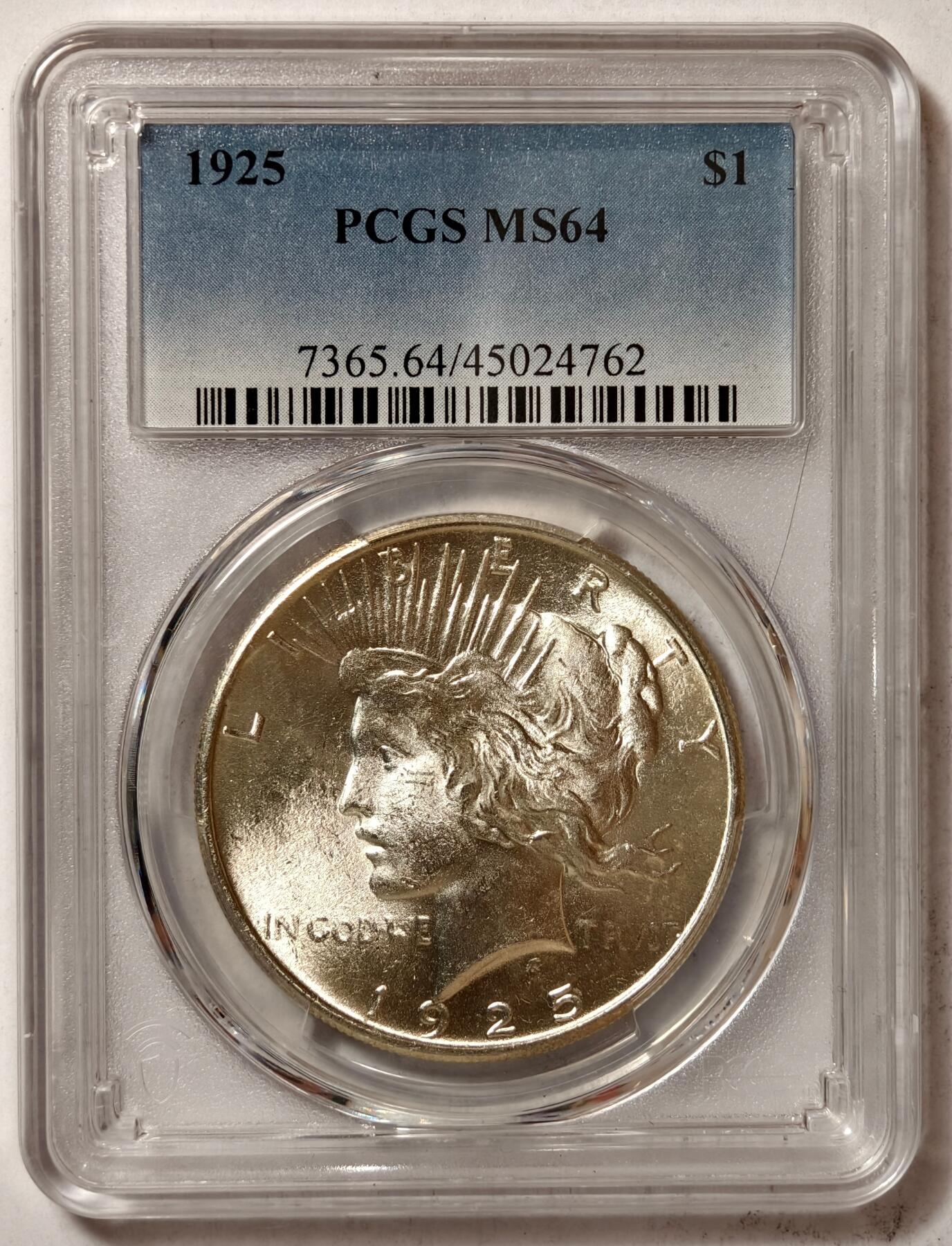 紫瑗钱币——第410期 美国 1925年 和平鸽 1美元 银币 PCGS MS64 老盒 