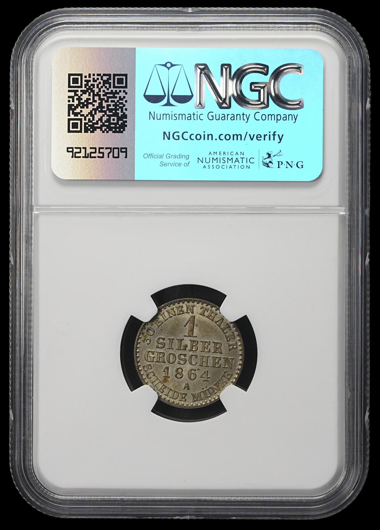 修遠堂世界钱币第三十八期 全场包邮 NGC MS65 1864年普鲁士1格罗申银币