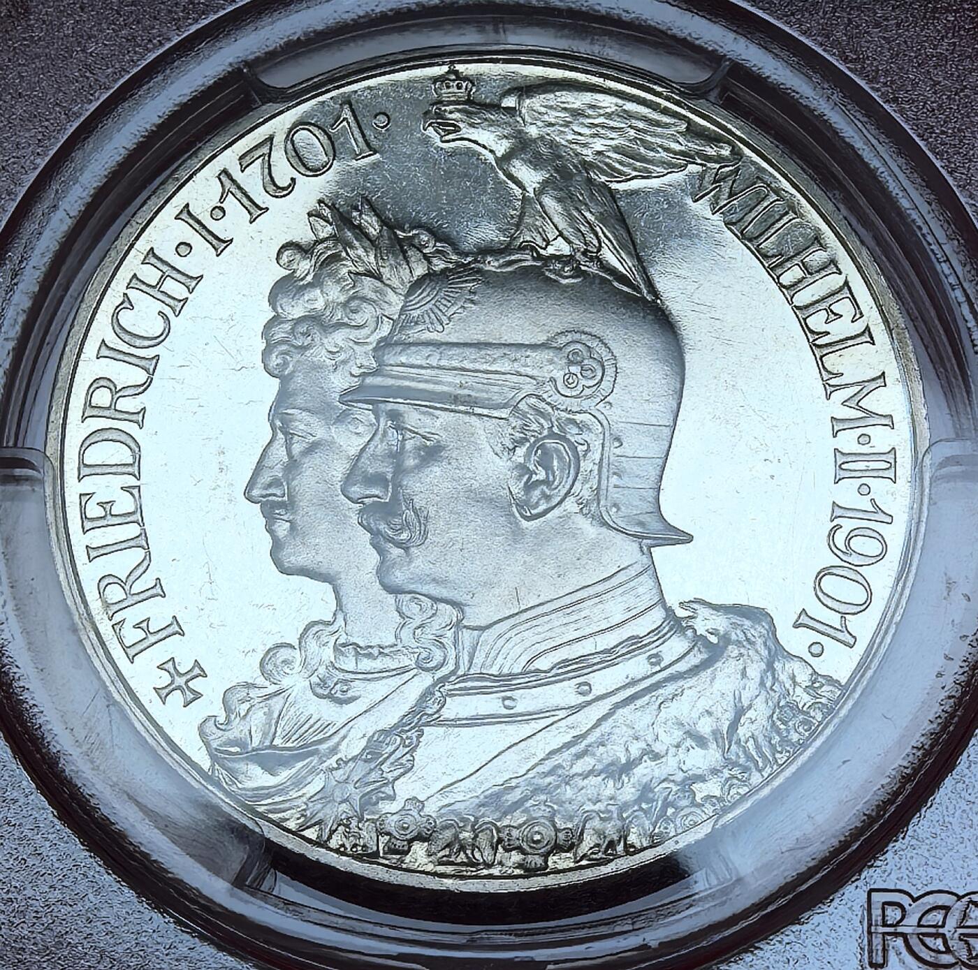 凡希社世界钱币微拍第二百八十三期 荐！1901德国普鲁士200周年纪念5马克大银精铸PCGS-PF64CAM，铸造工艺一流，镜面感十足的热门品种。