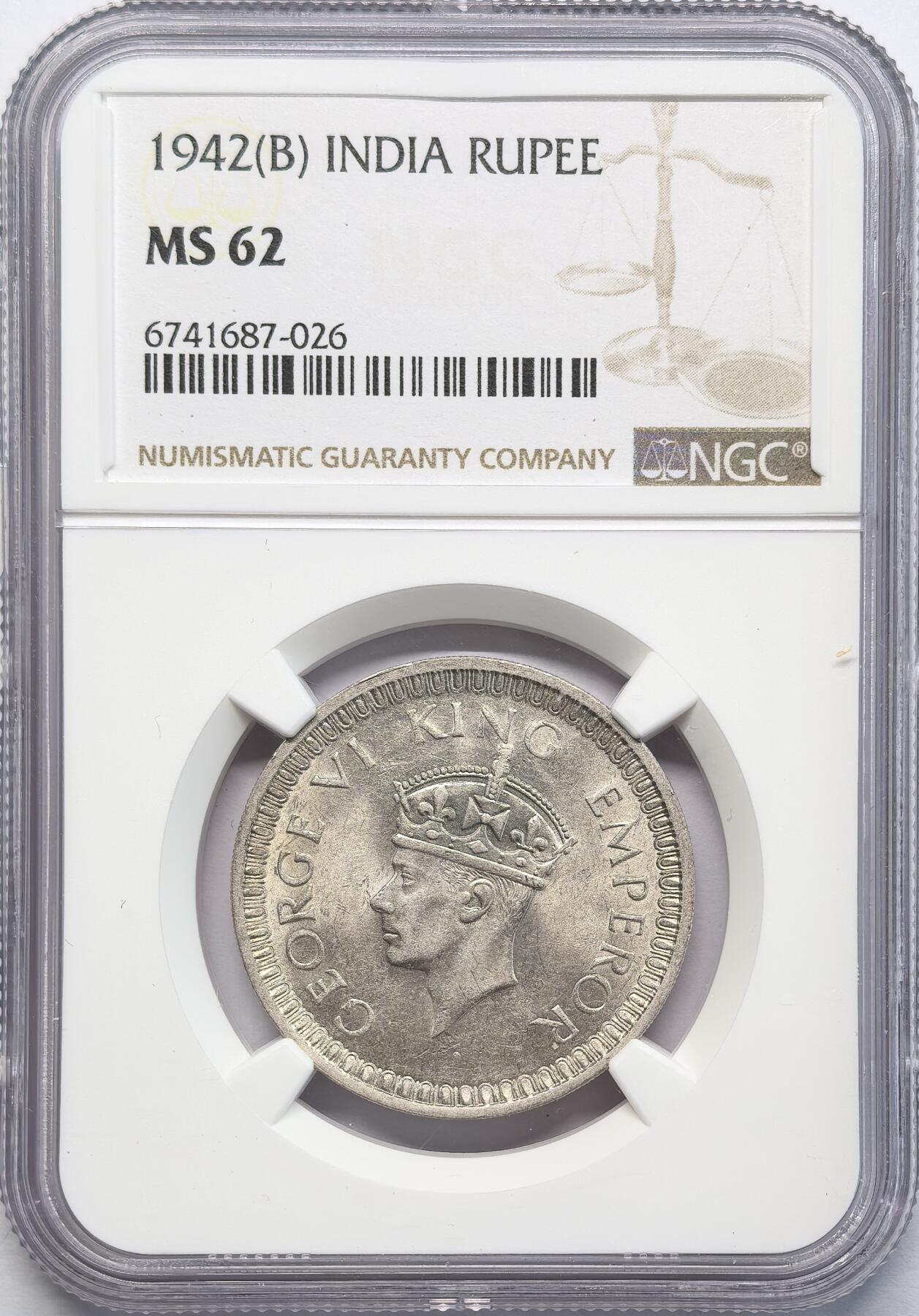 凡希社世界钱币微拍第二百八十三期 1942B英属印度乔六卢比银币NGC-MS62