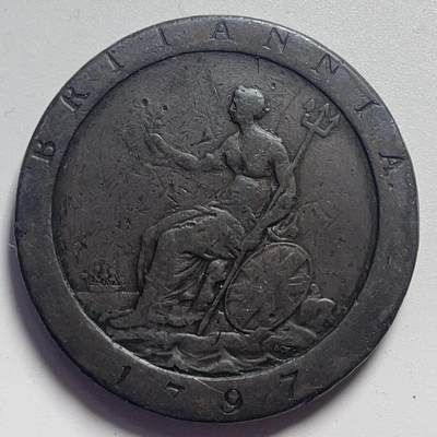 文馨钱币收藏第 160 场，欧洲古币，银币，纪念币场 - 极美品 1797 年英国乔治三世车轮大 1 便士古铜币，几百年历史品相绝
