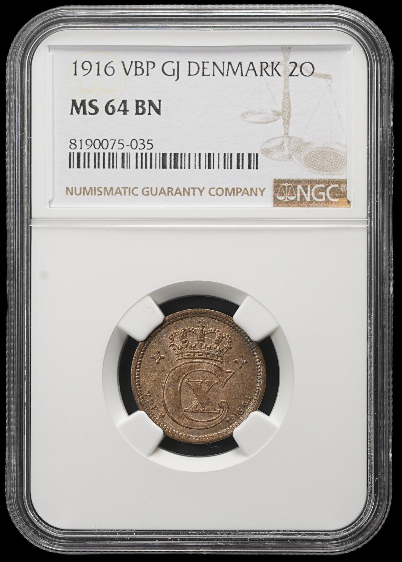 修遠堂世界钱币第三十八期 全场包邮 NGC MS64BN 1916年丹麦2欧尔铜币