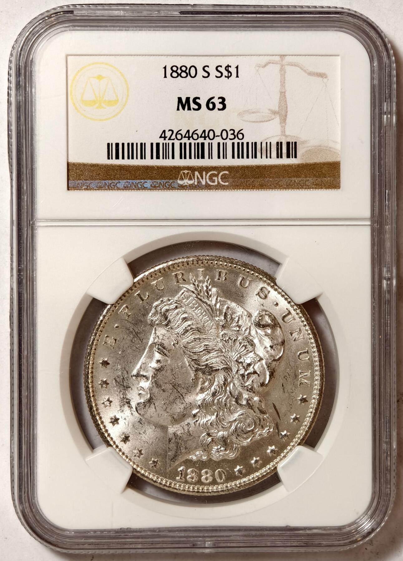 紫瑗钱币——第412期 美国 1880年 S版 摩根 大头妹 一美元 银币 NGC MS63