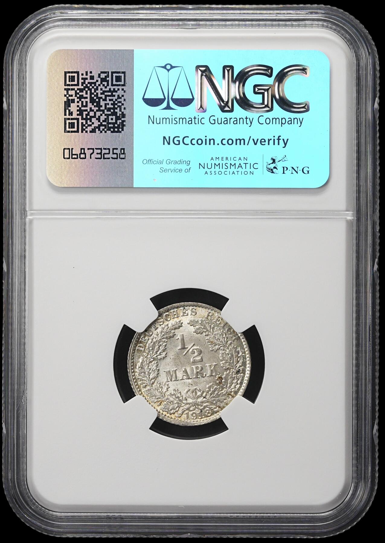 修遠堂世界钱币第三十八期 全场包邮 NGC MS67 1918年德国1/2马克银币 D厂铭