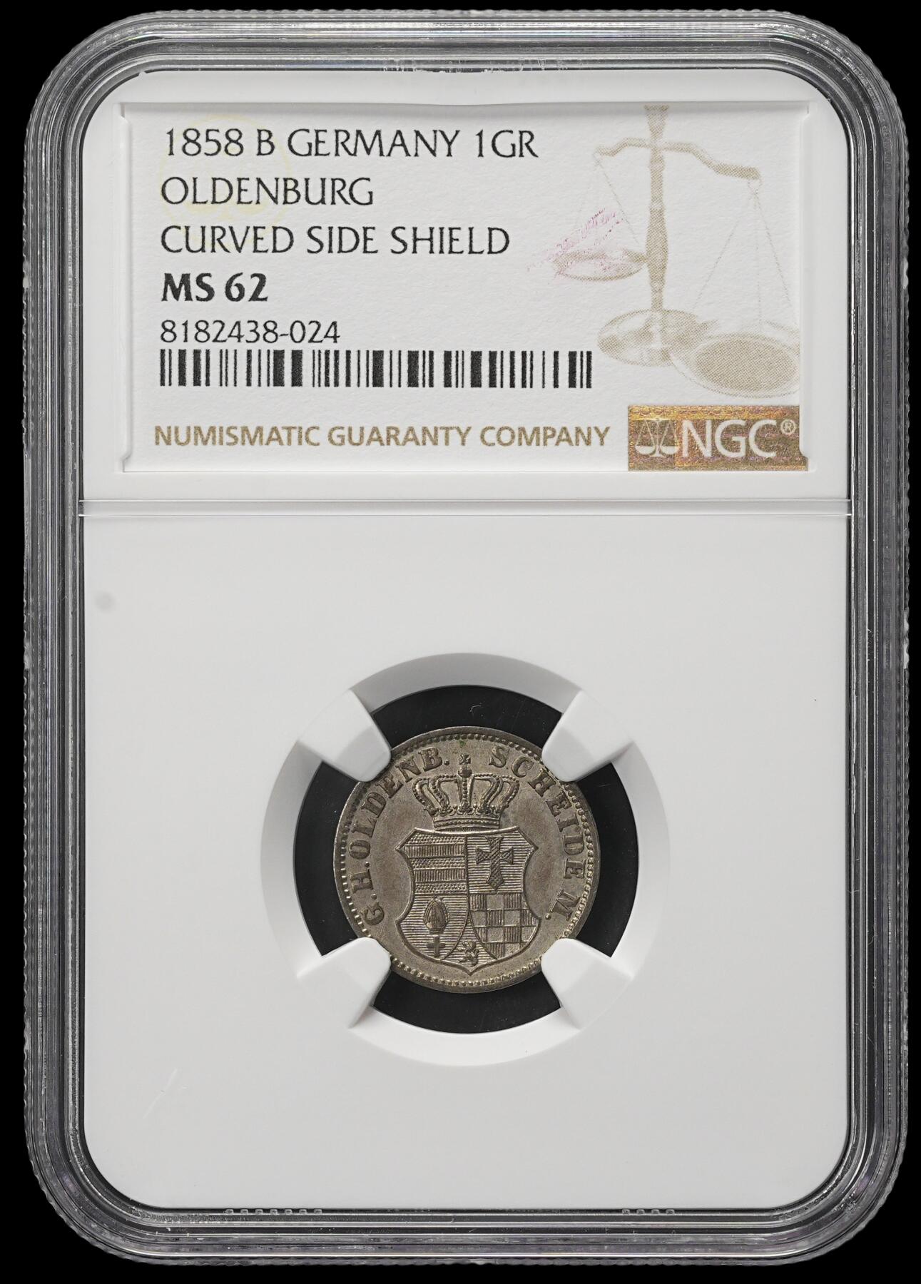 修遠堂世界钱币第三十八期 全场包邮 NGC MS62 1858年奥尔登堡1格罗申银币