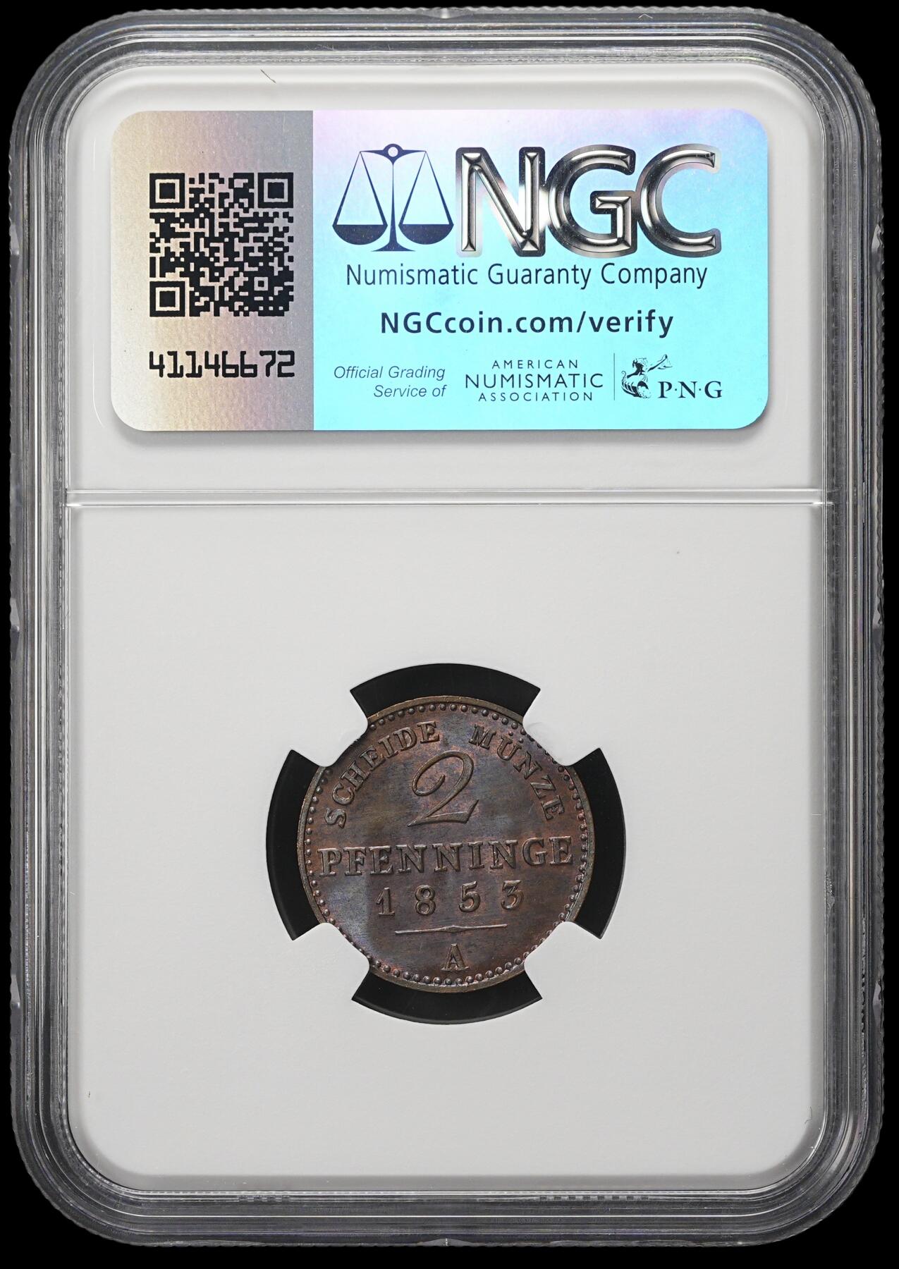 修遠堂世界钱币第三十八期 全场包邮 NGC MS64BN 1853年普鲁士2芬尼铜币