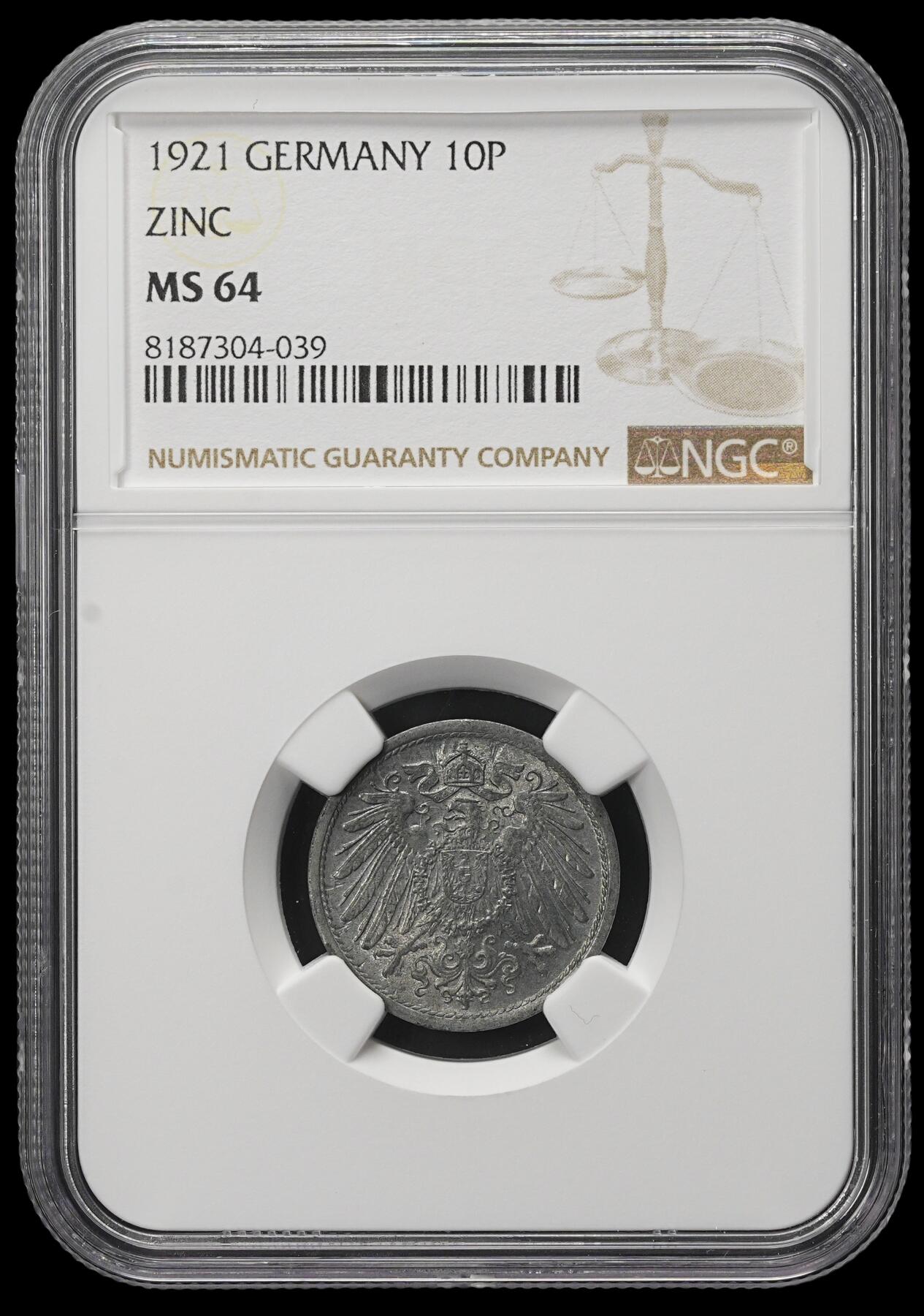 修遠堂世界钱币第三十八期 全场包邮 NGC MS64 1921年德国10芬尼锌币