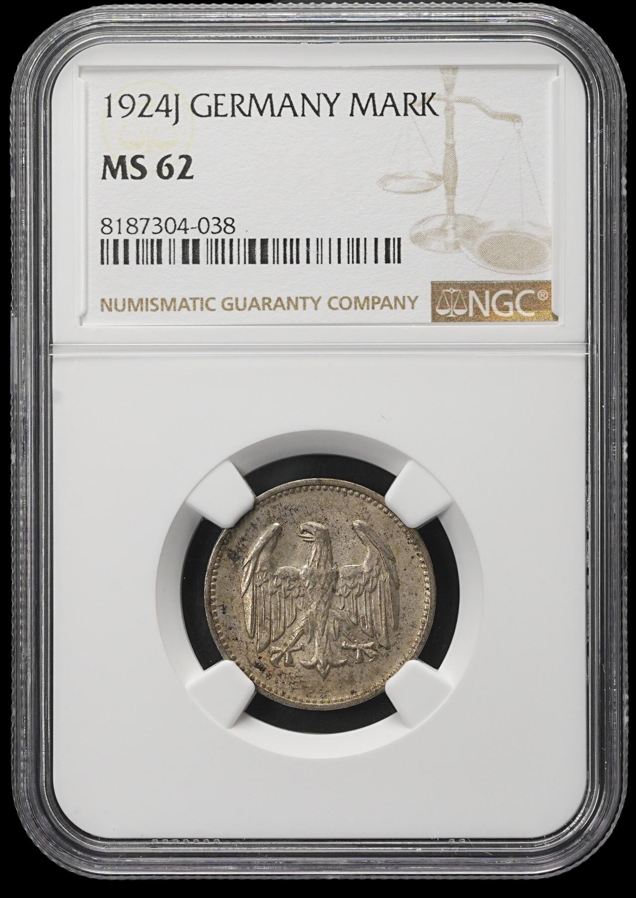 修遠堂世界钱币第三十八期 全场包邮 NGC MS62 1924年德国1马克银币J厂铭 较少见厂铭
