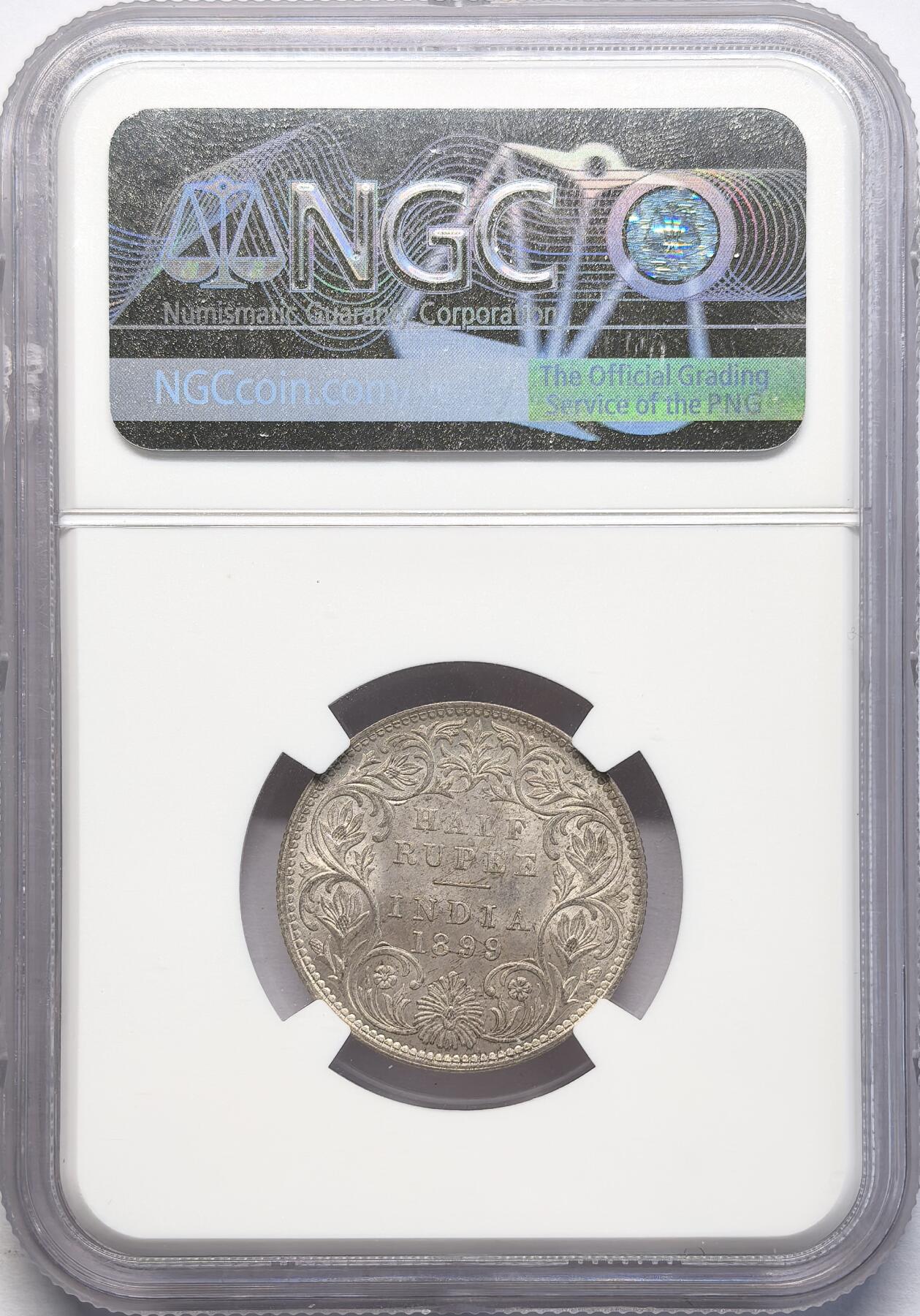 凡希社世界钱币微拍第二百八十三期 1899B英属印度小维1/2卢比NGC-MS62，粉光，实物低评。